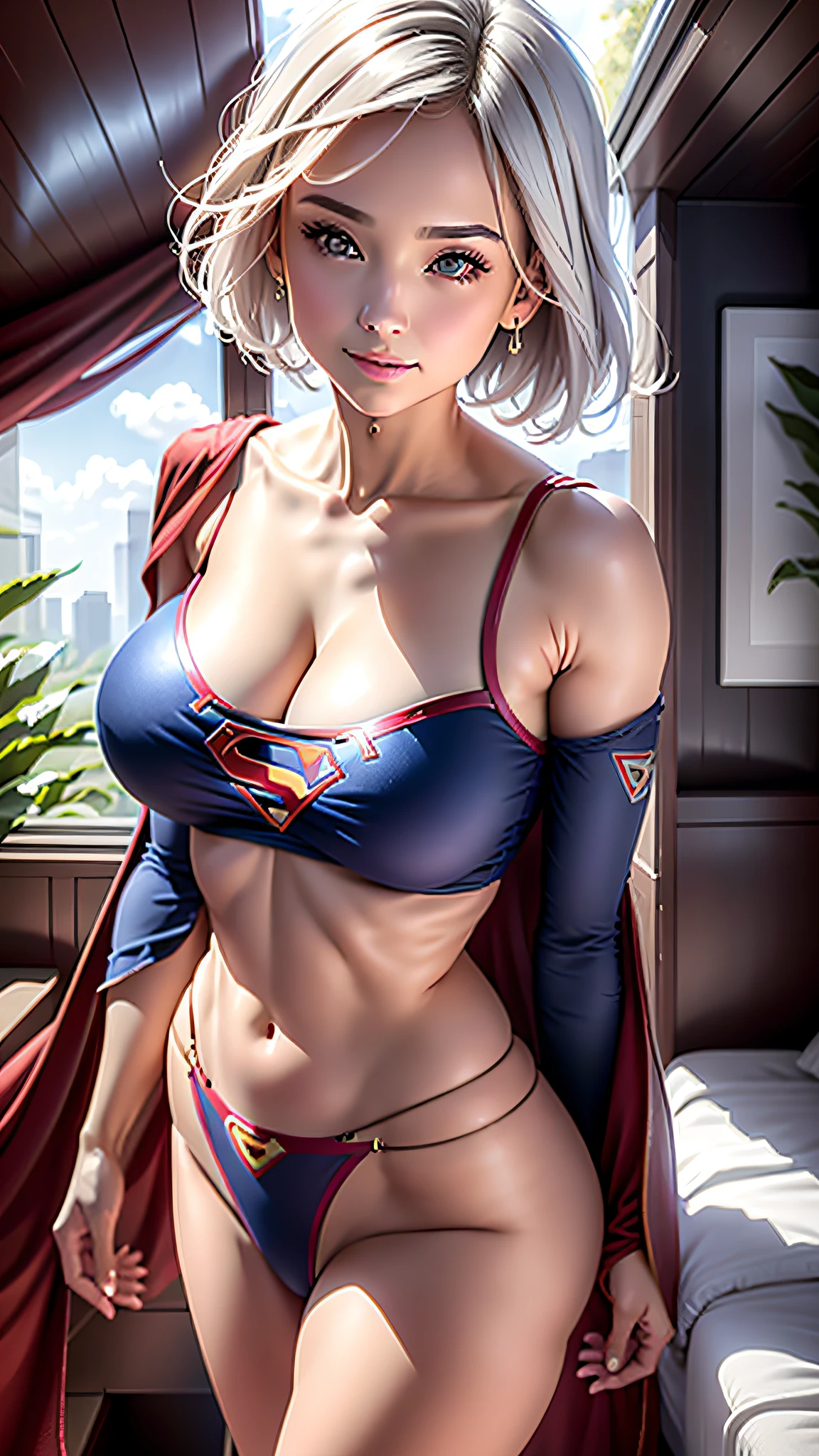 Beautiful woman short hair defined body big breasts, wearing Supergirl cosplay