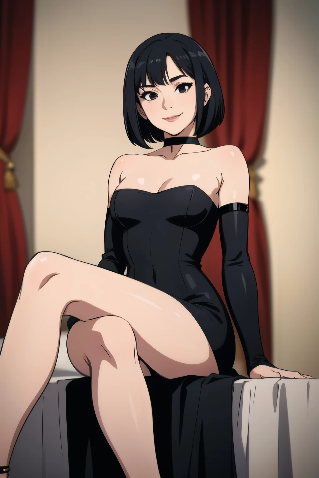 1 girl, teenage, black hair, short black hair, medium hair, bob hair, black eyes, little black dress, strapless dress, short bodycon dress, skin-tight dress, smile, black choker, bedroom, sitting pose, legs crossed, left arm behind the head, sexy, masterpiece, high quality.