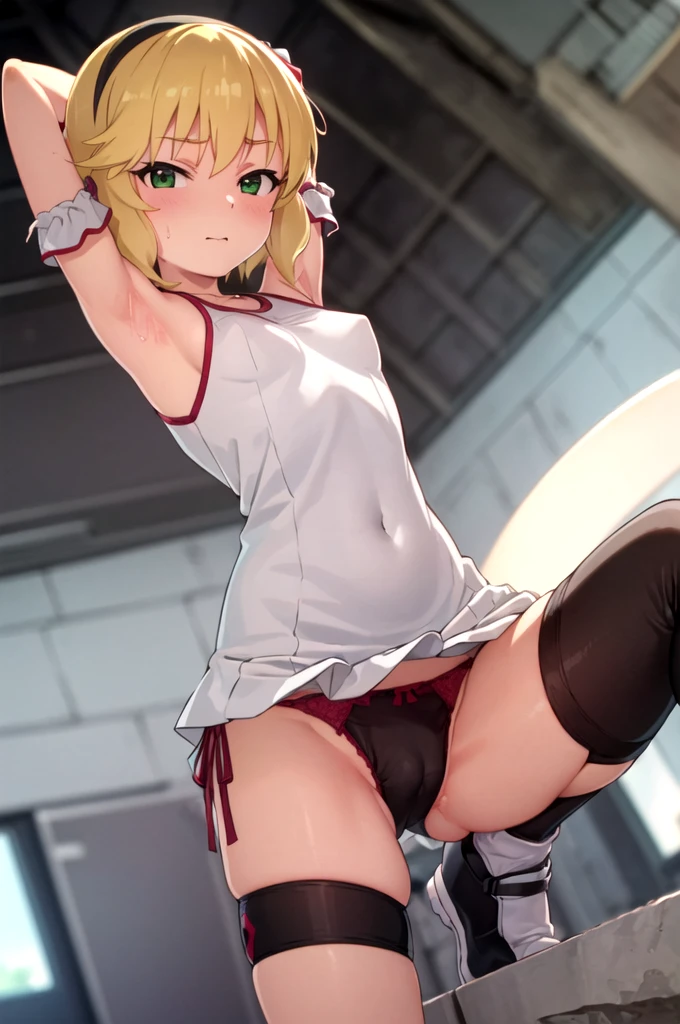 masterpiece, best quality, highres, Sakurai Momoka, 1girl, solo, busty, small breasts, blond hair, bob hair, sport bra, short skirt, looking at viewer, full body, standing, simple background, (erotic pose:1.4), blush, flustered, (Crotch panties exposed:1.3), ((arms behind head, double armpits, crouching down, half-squat, Open the crotch before:1.3)), Half body, upper body, In the middle, symmetrical,