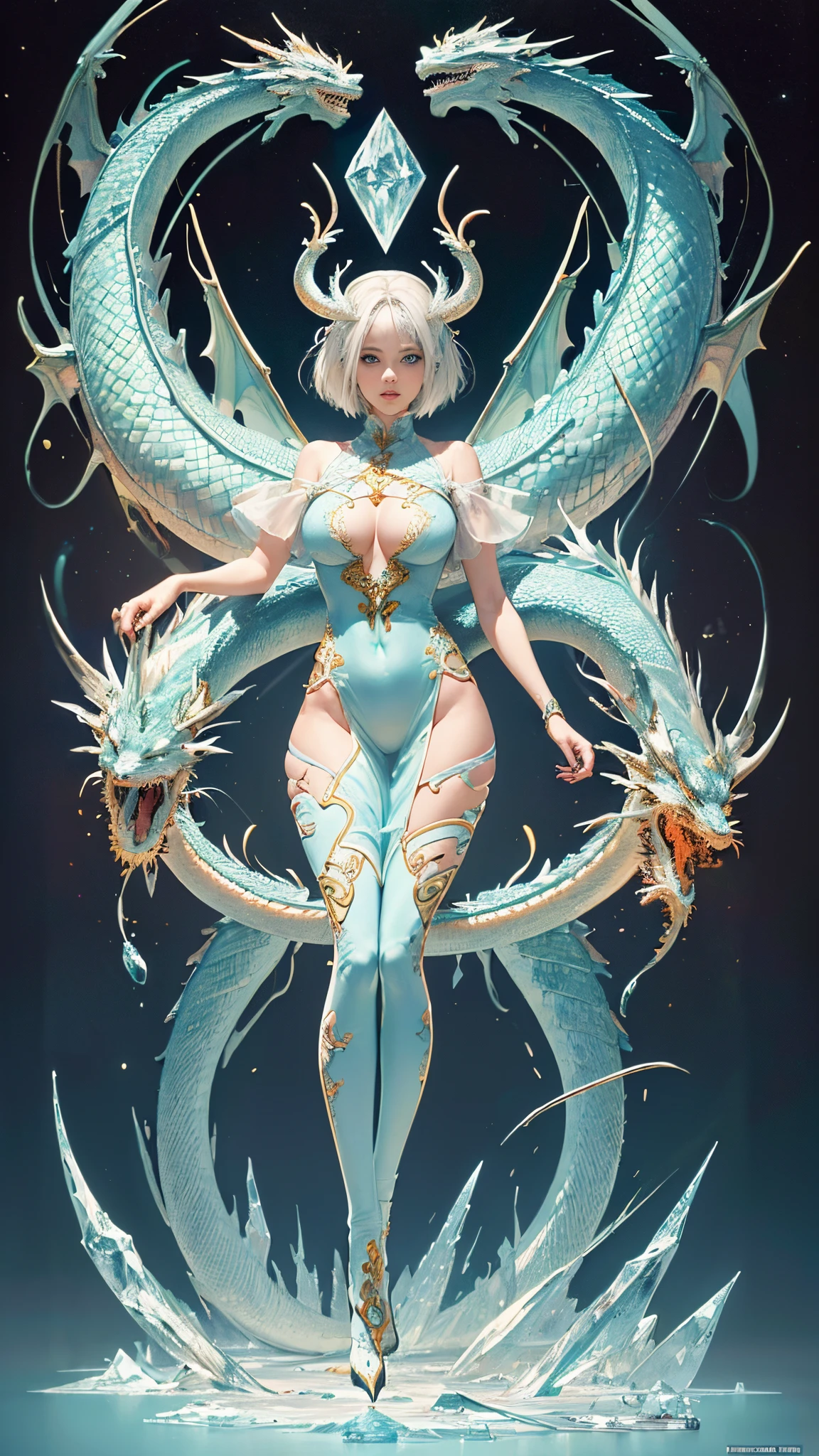 (The main subject: Wide-angle lens), (((Full Body Photo:1.9))),
Official art, 8k wallpaper, ultra-detailliert, Beautifully Aesthetic, masterpiece, top-quality, (Zentangle, a Mandala, Tangles, Entanglement), (Fractal Art: 1.3), Realism, (masterpiece, top-quality, top-quality, Official art, beauty and aesthetic: 1.2), ighly detailed, Fractal Art, colourfull, best detailed, Zentangle, (Abstract background: 1.5)(1woman: 1.3), Slender, Deities, Dancing, (light blue eyes), Mystical, (Ice Magic:1.2), Yellow Spring Hell, (Ice Dragon:1.5), (a short bob:1.5), (Colossal tits:1.2)