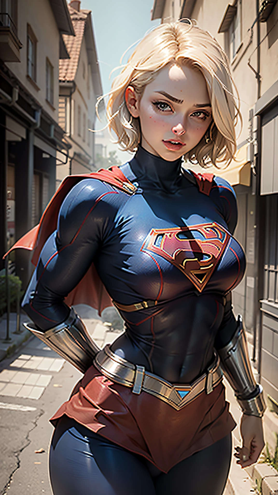 Beautiful woman short hair defined body big breasts, wearing Supergirl cosplay