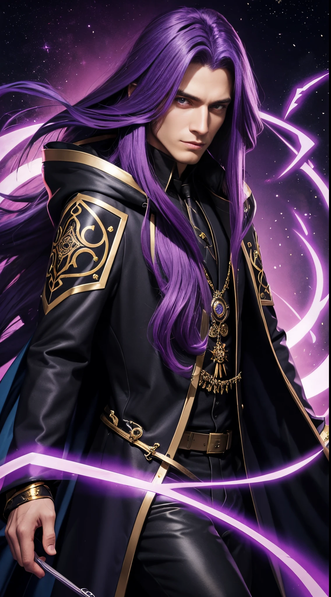 A wizard man with long purple hair wearing a black coat with gold details in winx club style