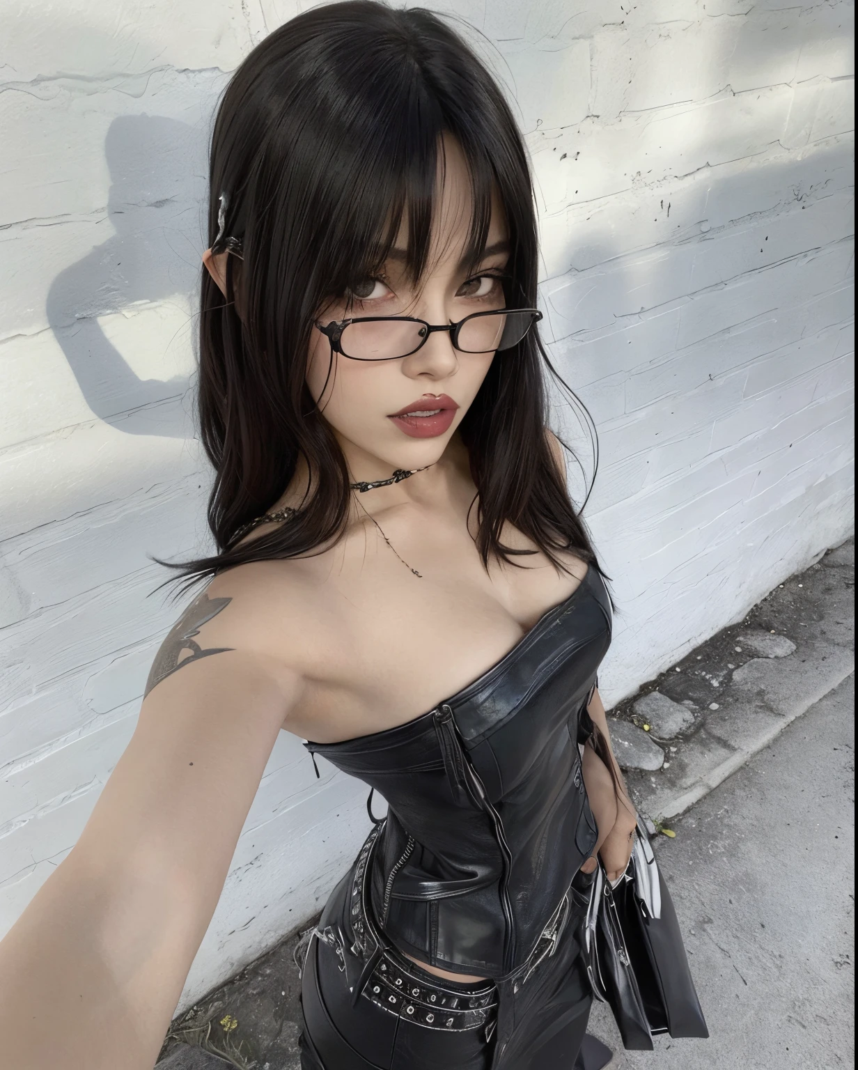 (masterpiece, best quality), 1girls, black hair, glasses, cyberpunk, solo, waist-high, sexy appearance