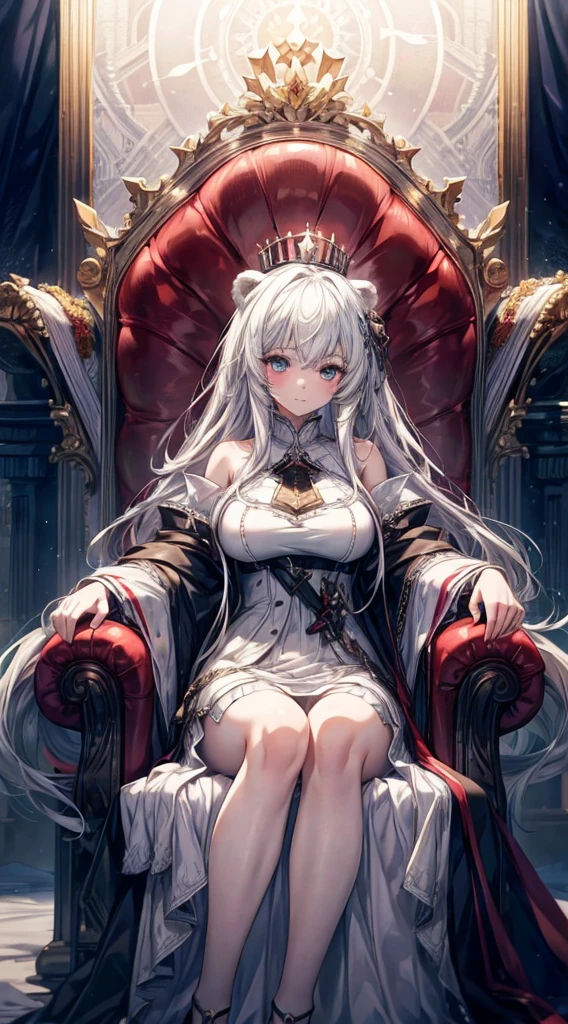 Dominant,arknights,Rosa (arknight),White bear ears, polar bear girl,heterochromia,Queen,Large breast,Official art,Medium hair,Looking at viewer,teasing,Sitting on throne,mommy,soft smile,1girl, Masterpiece, best quality, hyper detailed, Cinematic light, intricate detail, highres, 8k, detailed eyelashes,white hair, fantasy, dark red eyes, highly detailed background, long hair, detailed eyelashes, royal dress, crown, jewerly,full body,Dominant,arknights,Rosa (arknight),White bear ears, polar bear girl,Queen,Large breast,Official art,Medium hair,Looking at viewer,teasing,Sitting on throne,mommy,soft smile,1girl, Masterpiece, best quality, hyper detailed, Cinematic light, intricate detail, highres, 8k, detailed eyelashes, blue eyes, white hair, fantasy, aquatic eyes, highly detailed background, long hair, detailed eyelashes, royal dress, crown, jewerly,full body
