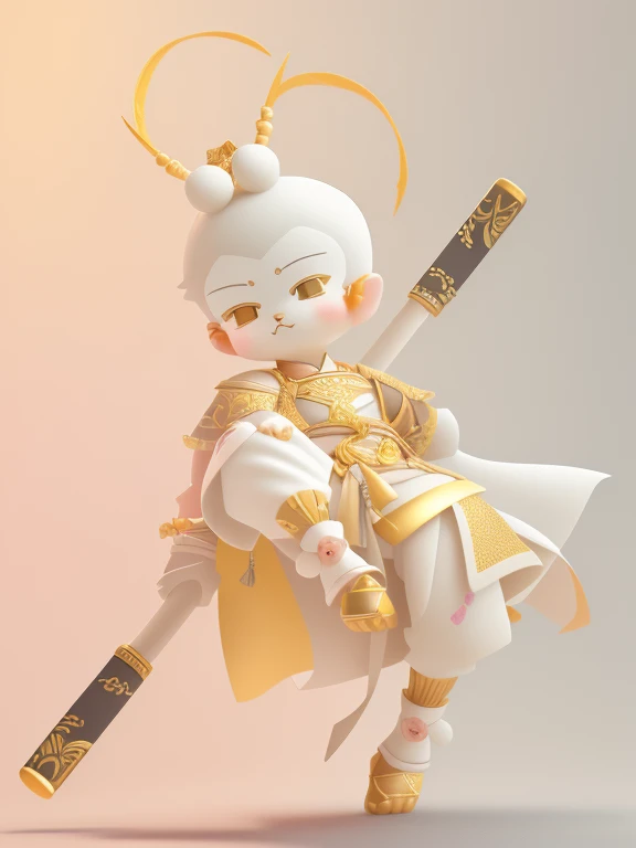Cute 3D characters，cute artwork, white fox anime, The golden hoop in hand， Cute and detailed digital art, adorable digital art, Qi Tian Great Sage, Inspired by Master Kanwen, fighting posture