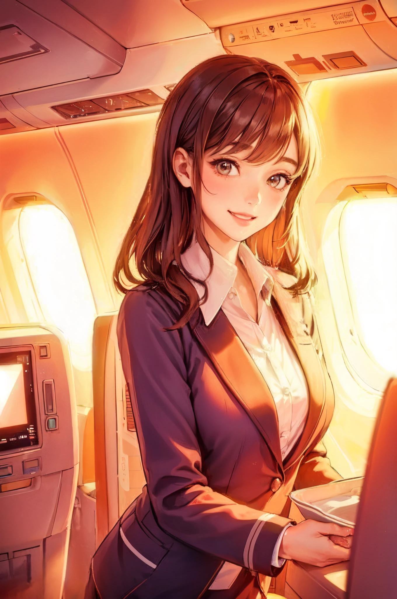 1lady standing, stewardess, (stewardess uniform), /(brown hair/) bangs, blush happy smile, (masterpiece best quality:1.2) ultra-detailed, large breasts BREAK /(airplane seat/) indoors