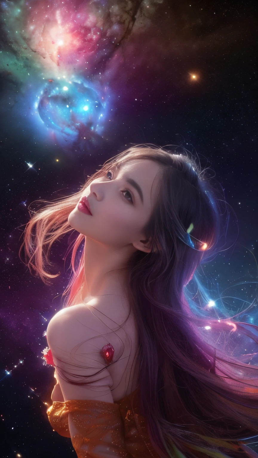 A scene in which a character emerges from a nebula of unimaginable splendor.、Fractal nebula line、cosmic entity、a heavenly being、kosmos、vibrant and vivid、swirles、Revolutions、not real、hight contrast、symbiosis、magia、mistic、mistic、Surreal、Supersaturation、Colorful Deities