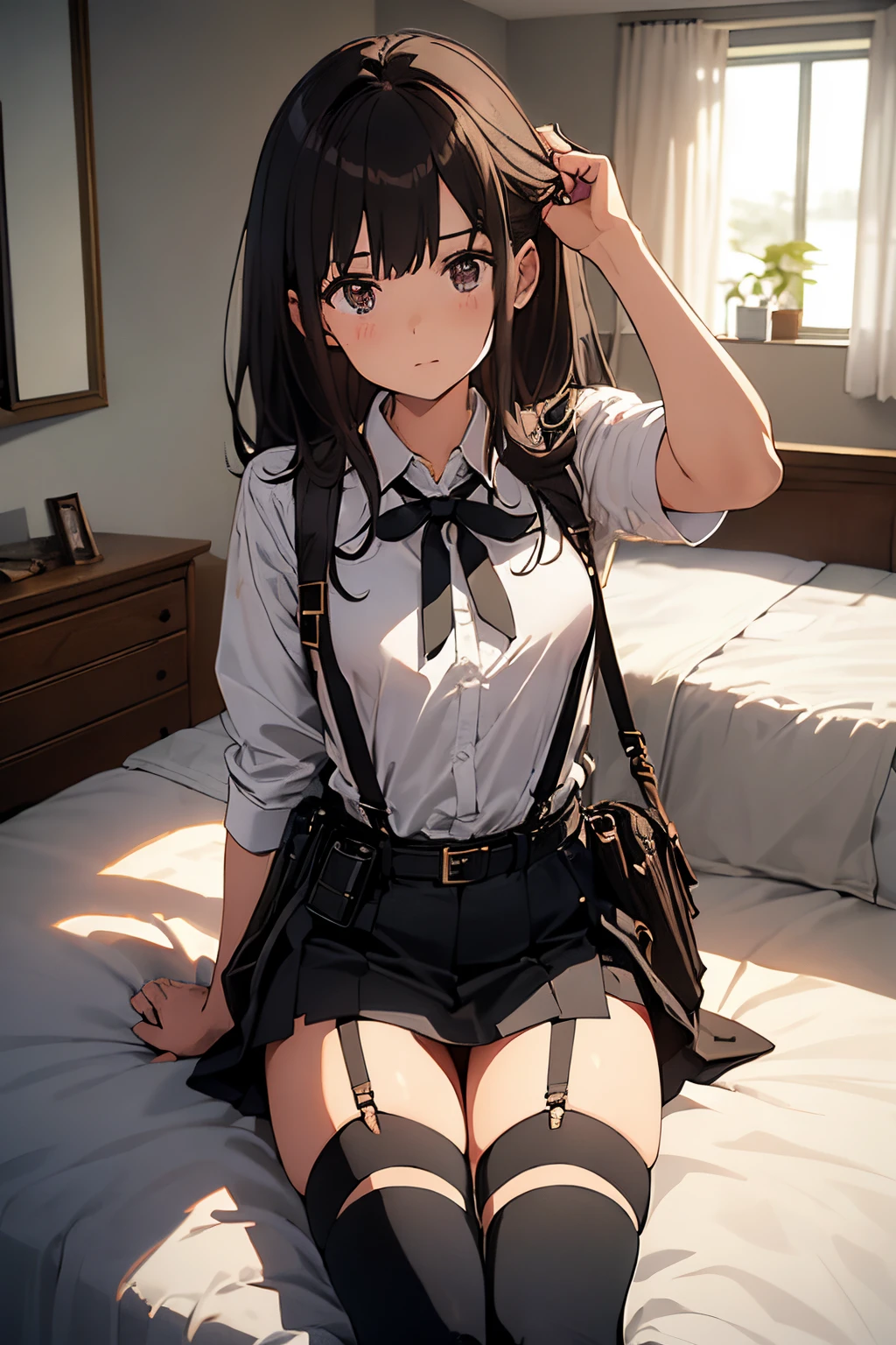 masterpiece、flat-colors、depth of fields、lens flare 1 girl、、Brown hair、watching at viewers black suspenders Bulging big breasts Armpit sweat perspiring Side of both hands walls: Black miniskirt garters Gaze Small face bangss flank holster Belt Armament Beautuful Women srestrained Hands behind your back On the bed Leg holster lying on the bed