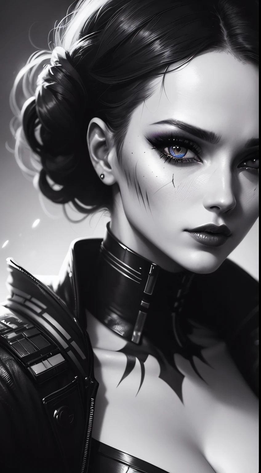 a digital painting of a woman with black and white makeup, cyberpunk art by Anna Dittmann, cgsociety, gothic art, dystopian art, detailed painting, behance hd, deep photography, Ilford HP5 film, crushed blacks, depth of field, dark photo, film grain, shadows, natural light