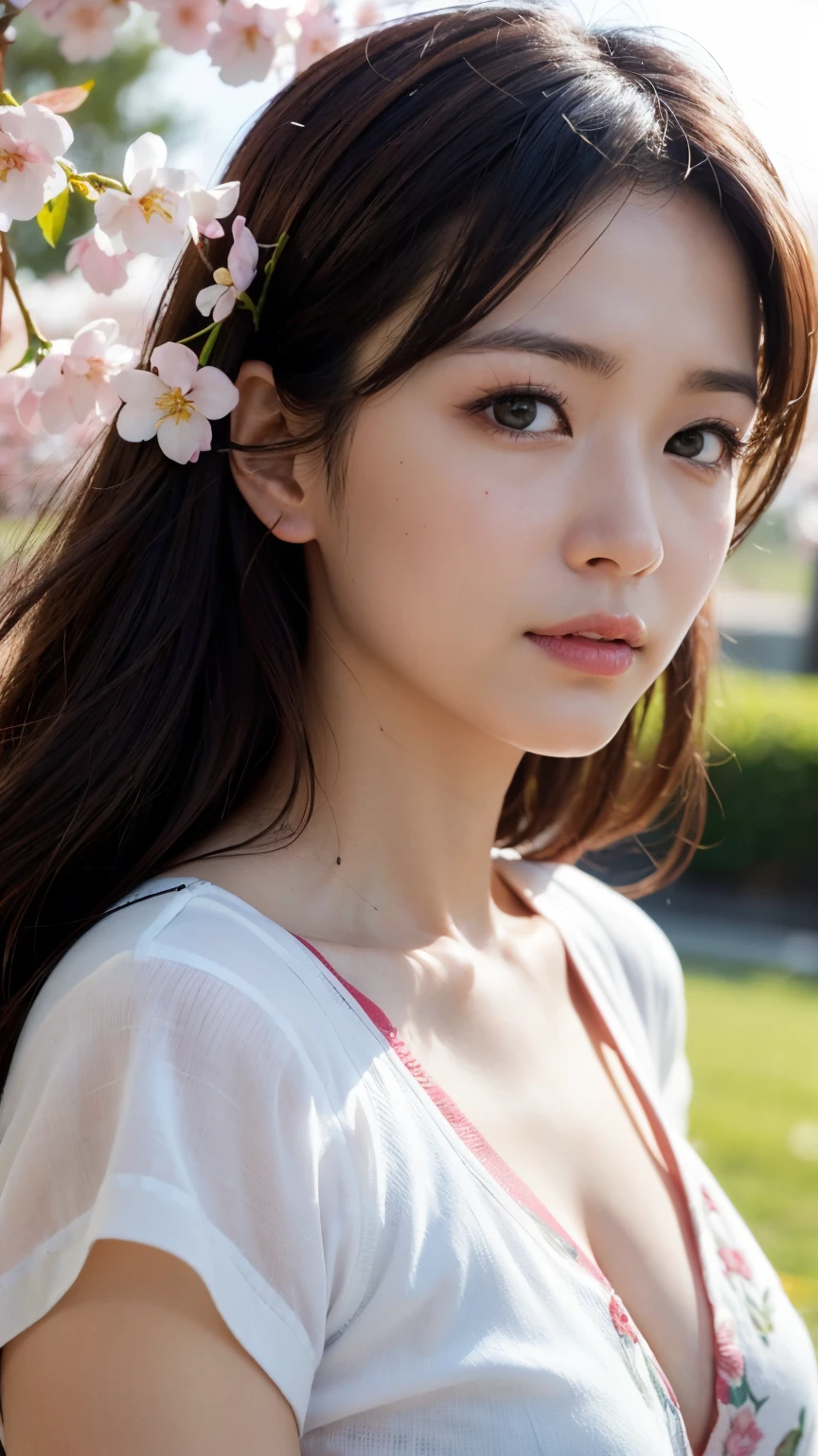 (A logo、masterpiece、8K、masutepiece、Raw photo、Fantastic、Best Quality、Photorealistic、extremely detailed CG unified 8k wallpaper、hightquality、ighly detailed、epic poem、Particle effect、Dynamic effects、depth of fields、Cinematic Light、Lens Flare、Ray tracing)、Fantasia、 (Beauty 1 person、White Japanese Clothing、Japanese dress、White cherry blossom pattern、White cherry blossom embroidery pattern、A dark-haired、Beautiful face、Real Face、Beautiful detail eyes、Beautiful skin)、Hair flutters in the wind、Hair jumps、Pink cherry blossom tree、Petals flutter、Sakura blizzard、Superb view、morning glow、Sun in the background、the wind、Deities、tusk、myth、Vast Land、