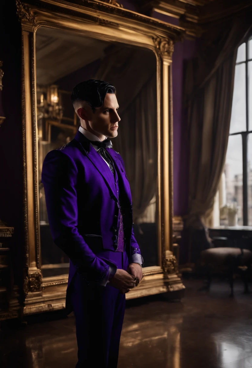 A photo of Oswald standing in front of a large, ornate mirror, admiring his own reflection,Gotham,Oswald has spiky black hair, a long nose, and wears very fancy suits, favors the color purple. Famously portrayed by Robin Lord Taylor, male