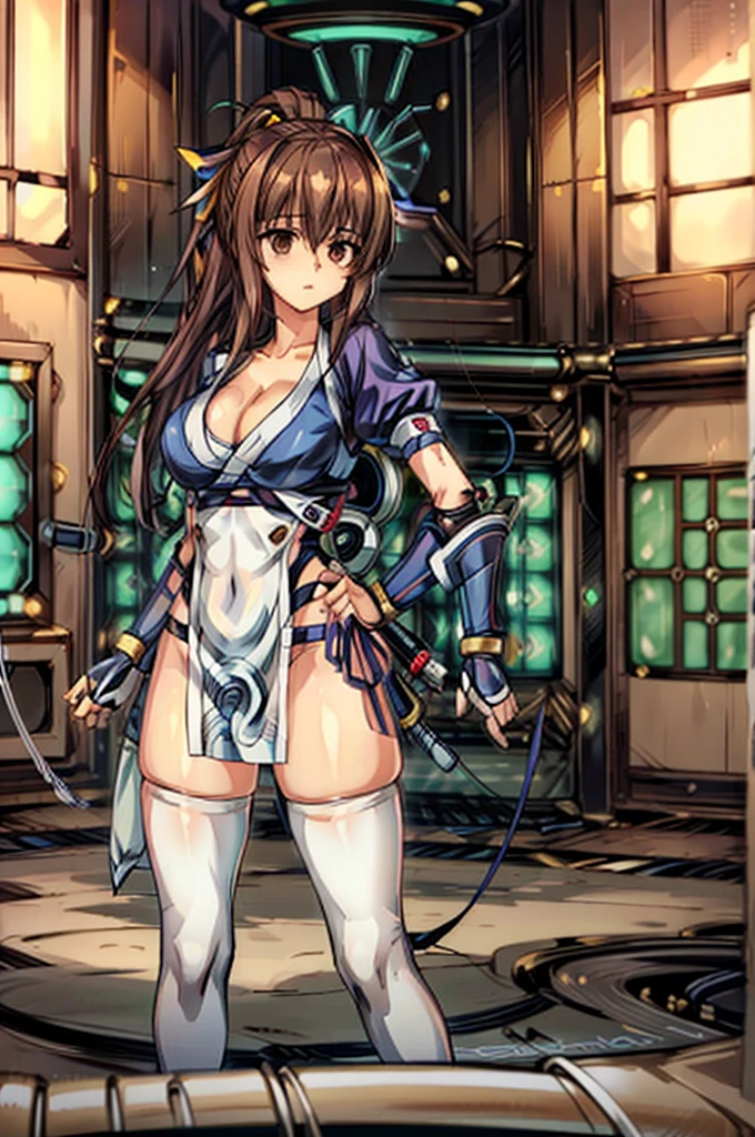 (masterpiece, best quality:1.3)
KasumiDOA, 1girl, solo, long hair, breasts, looking at viewer, bangs, large breasts, brown hair, thighhighs, dress, ribbon, cleavage, brown eyes, medium breasts, underwear, standing, panties, hair ribbon, braid, short sleeves, cowboy shot, japanese clothes, puffy sleeves, white thighhighs, puffy short sleeves, lips, sash, pelvic curtain, yellow ribbon, realistic, nose, arm guards, kote,hypnoLora,
empty eyes,Upright Pose,(Inside a futuristic and complex operational command center:1.6)