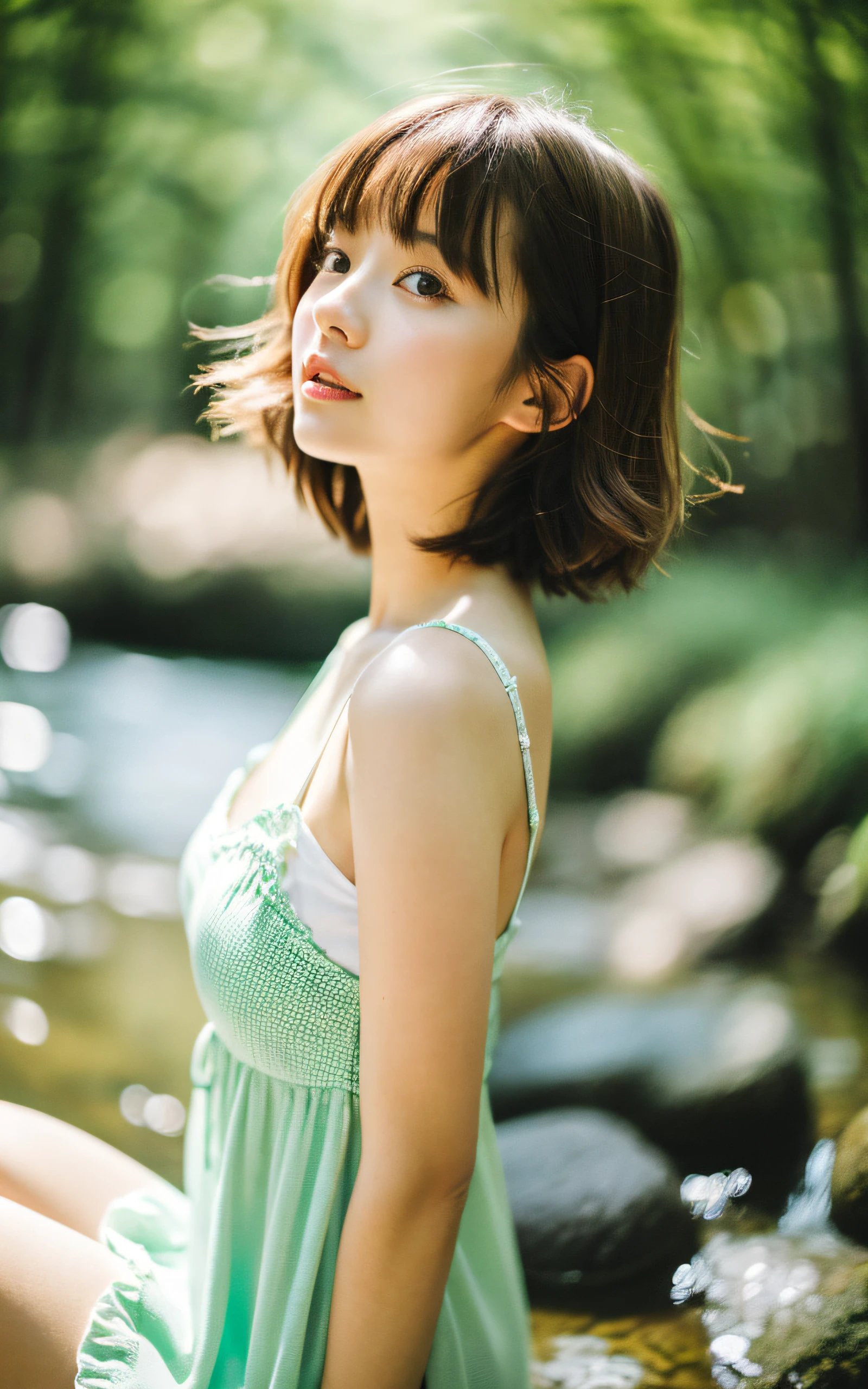 masutepiece, Best Quality, 8K, 1 girl, a Japanese cute girl, In summer, forest, stream, out of focus, 18 yo, Large breasts, Mouth slightly open, cute little, Solo, sad, sad, Summer dress, Girly, Delicate girl, Neat and clean beauty, Raw photo, Professional Photography, Portrait, Soft light, Professional Lighting, Back lighting, Upper body, see the beholder, Sophisticated, Film grain, (Eyes and faces with detailed:1.0), Short hair swaying in the wind, beautiful flowing brown hair,