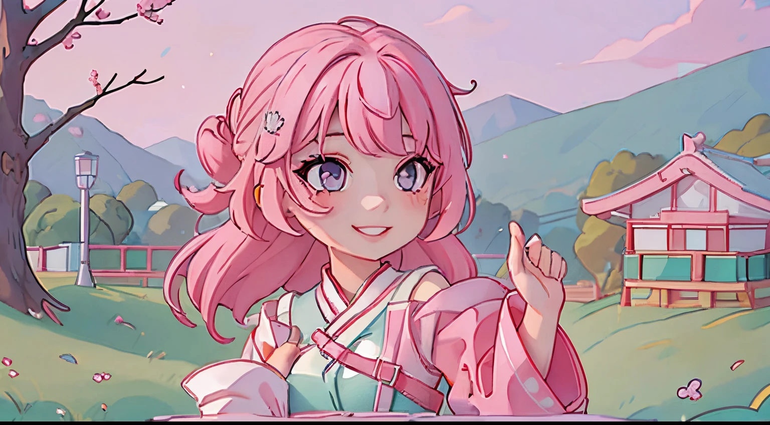 girl with light pink hair, grey eyes, smiling and her lips shiny and cute, korean aesthetic clothing, and in a korean landscape city