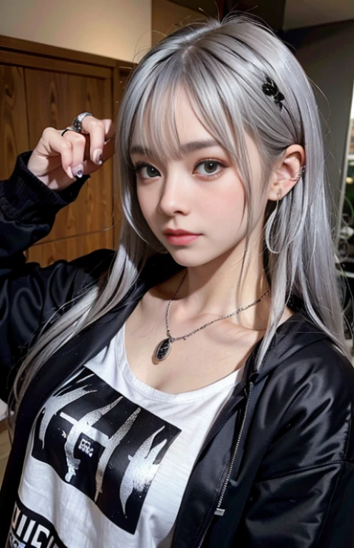 High quality, rich in detail, twin-tailed silver-haired girl posing cutely. She wears a vintage gothic street hoodie with rings, bracelets, earrings and necklaces. Big are also visible. The photo is a close-up of the face, and there is also a sporty atmosphere.