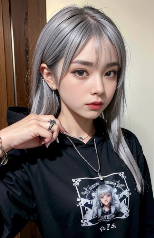 High quality, rich in detail, twin-tailed silver-haired girl posing cutely. She wears a vintage gothic street hoodie with rings, bracelets, earrings and necklaces. Big are also visible. The photo is a close-up of the face, and there is also a sporty atmosphere.