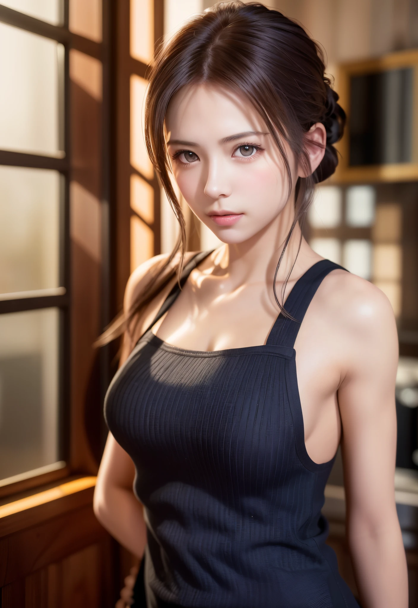 8K, of the highest quality, masutepiece:1.2), (Realistic, Photorealsitic:1.37), of the highest quality, masutepiece, Beautiful young woman, Pensive expression, Gentle eyes, Apron naked、Lovers、Hair tied back, Messy mood, Cinematic background,  Light skin tone