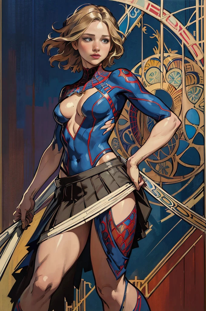 Jennifer Lawrence、Sticking out the navel、newyork、She wears a torn Spider-Man suit,wearing skirt、abstract photorealistic、artistic、Alphonse Mucha's painting(masterpiece、top-quality、hight resolution:1.4)、detaileds、intricate-detail、4K、color splashes、line-drawing、Fibonacci、