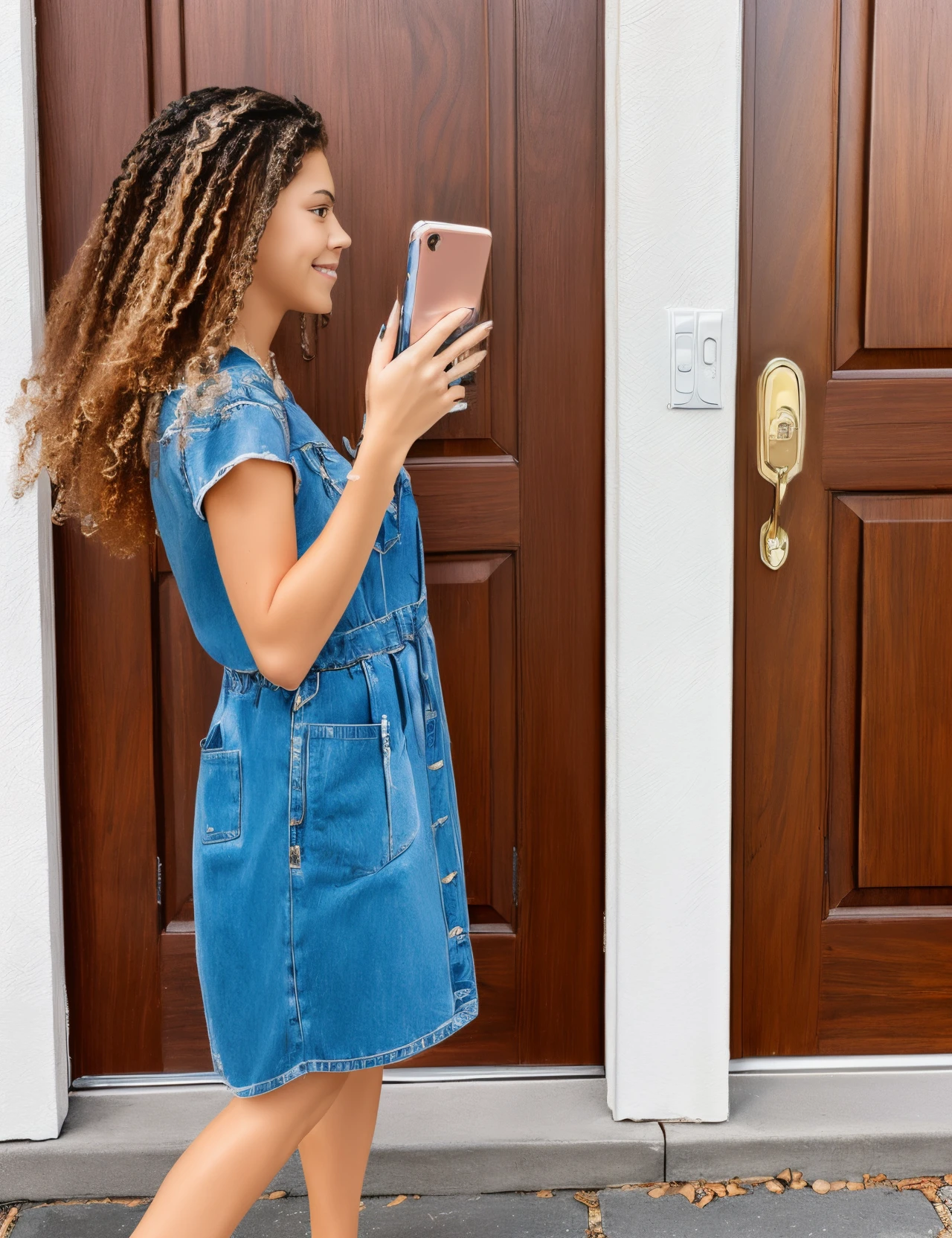 a woman holding her phone trying to call while in the background a halfway down roll up door