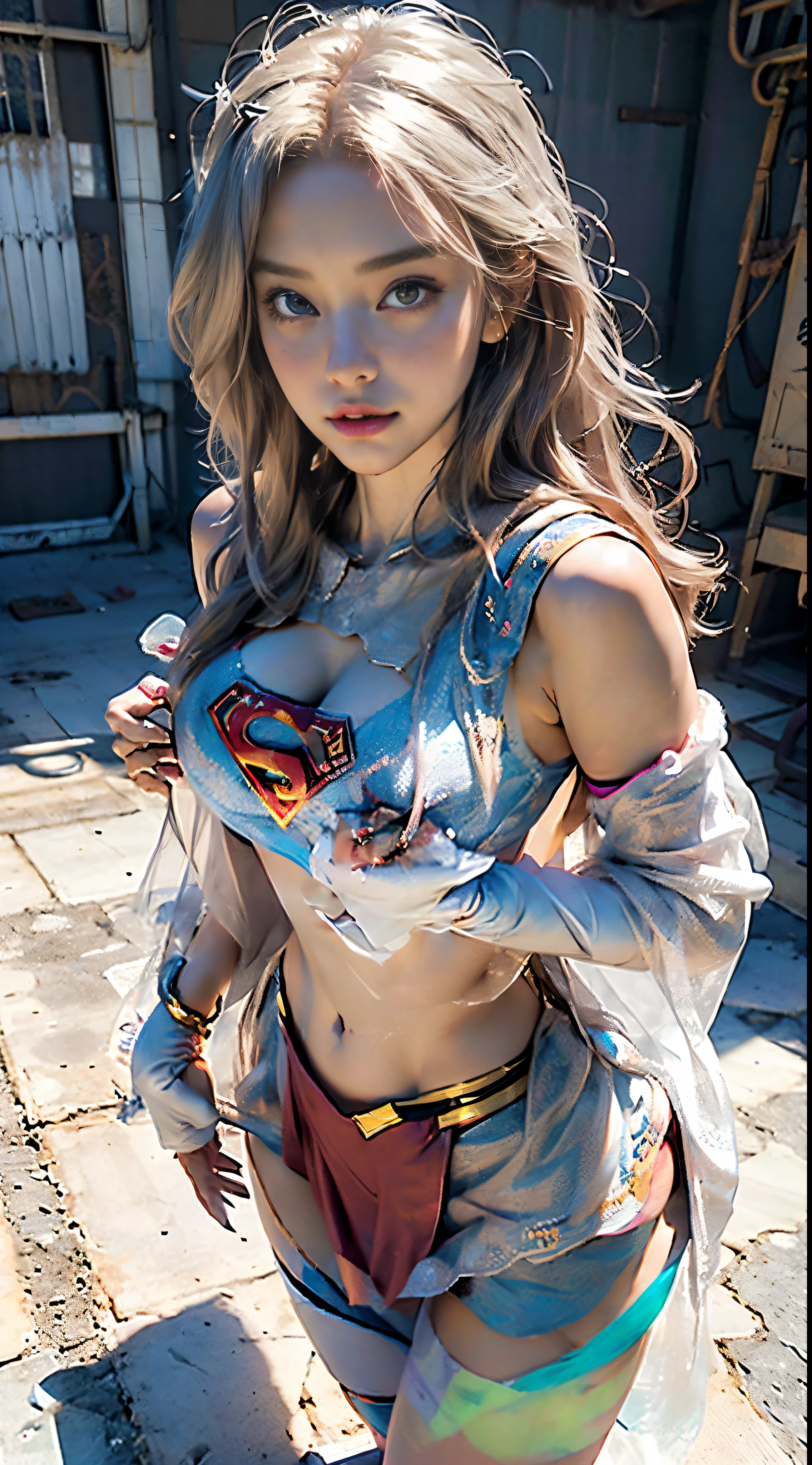 Beautiful American woman long blonde hair, 23 years old, Hourglass body,Huge breasts, Defined body, Wearing lace lingerie:1.6 (((Bra, thong panties and 7/8 Supergirl cosplay sock)) , realist,((Superwoman Costume)) 、 biomechanical oppai, fanart best artstation, artgerm style, Marked cat,masutepiece, Full Detail, Photorealistic, 8K, ((( large full breasts:1.5、Big thighs:1.2)))、((Hands together))