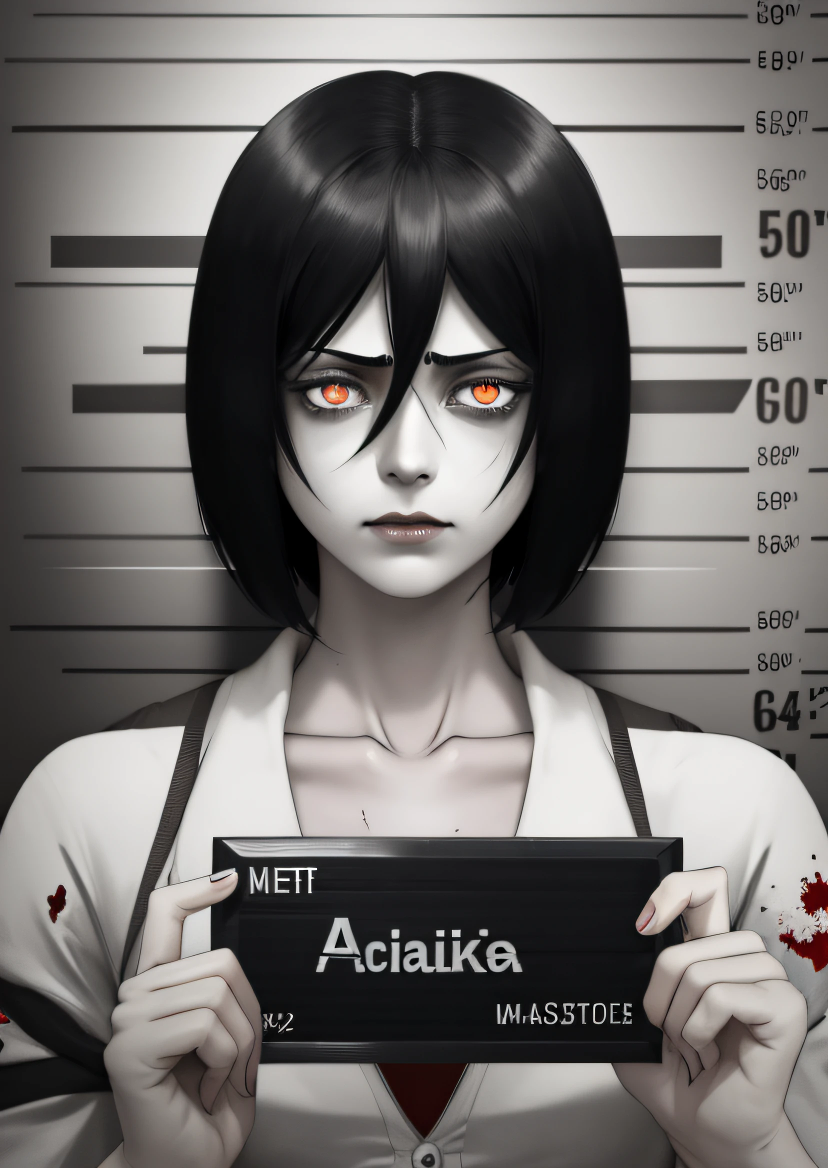 corpse, sinister, female, thin, pale, looking at the camera, ultra realistic, fully detailed, cemetery environment, bright eyes, white dress torn and stained with blood, bones exposed, putrid wounds, sensual, terrifying, bruised by the body, exposed fracture in the collarbone, slight smile, super detailed, white eyes,gun shots in the body, black hair, Himugshot, Mikasa Ackerman