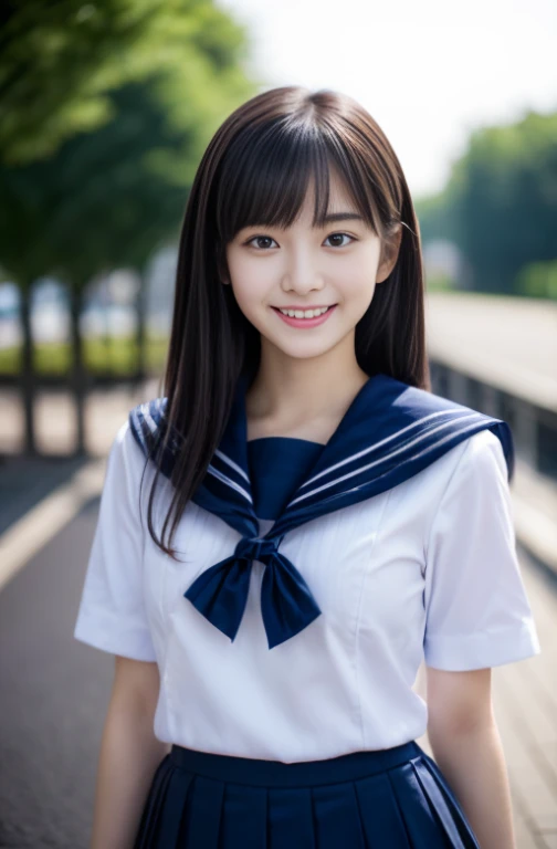 Close up of woman posing for photo, Japanese Models, Beautiful Asian Girl, 18-year-old female model, 4K、bangss、A dark-haired、bobhair、Middle hair、Straight hair、(white shirt, Sailor School Uniform, Dark blue pleated skirt:1.2), (Super cute face in idol style:1.2)、slim and beautiful figure、beutiful breast、A smile、
