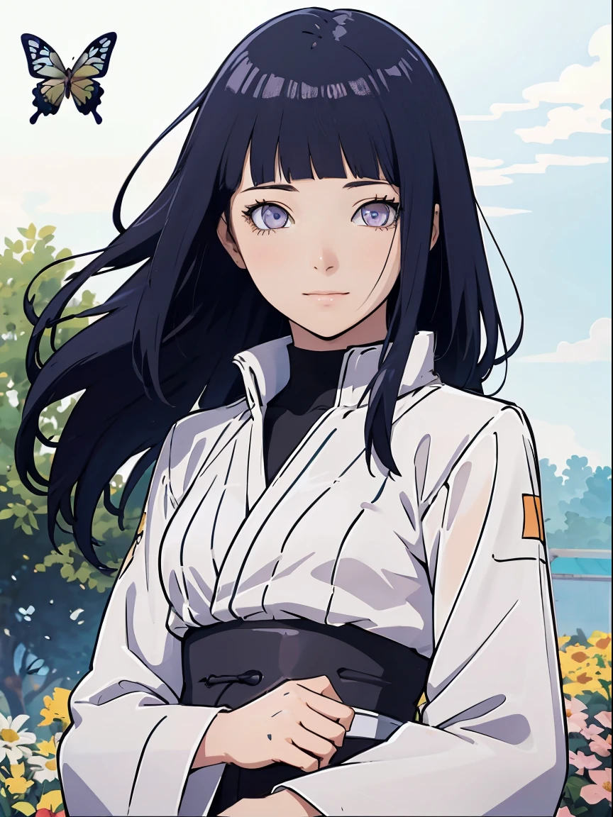 one beautiful girl,detailed beautiful hair,detailed beautiful eyes, hinata hyuga, blunt bangs, long hair, soft smile, butterfly and flowers