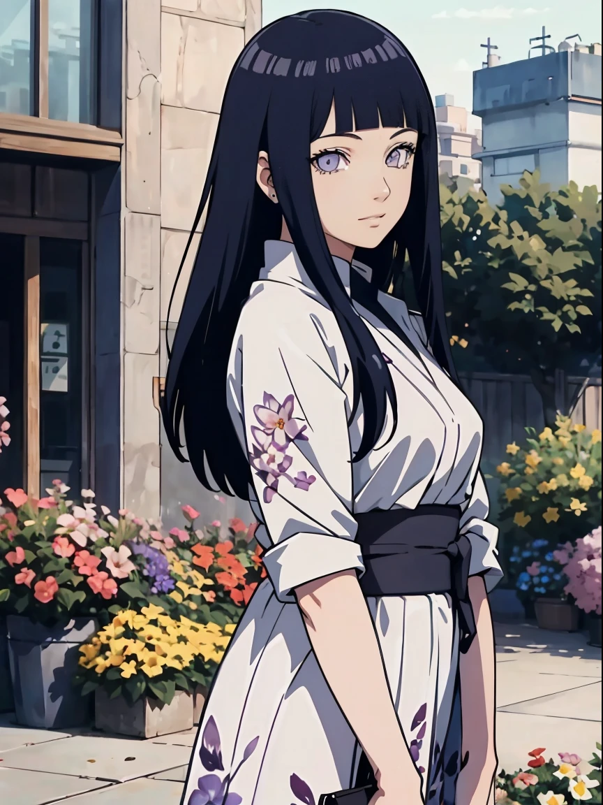 one beautiful girl,detailed beautiful hair,detailed beautiful eyes, hinata hyuga, blunt bangs, long hair, soft smile, butterfly and flowers