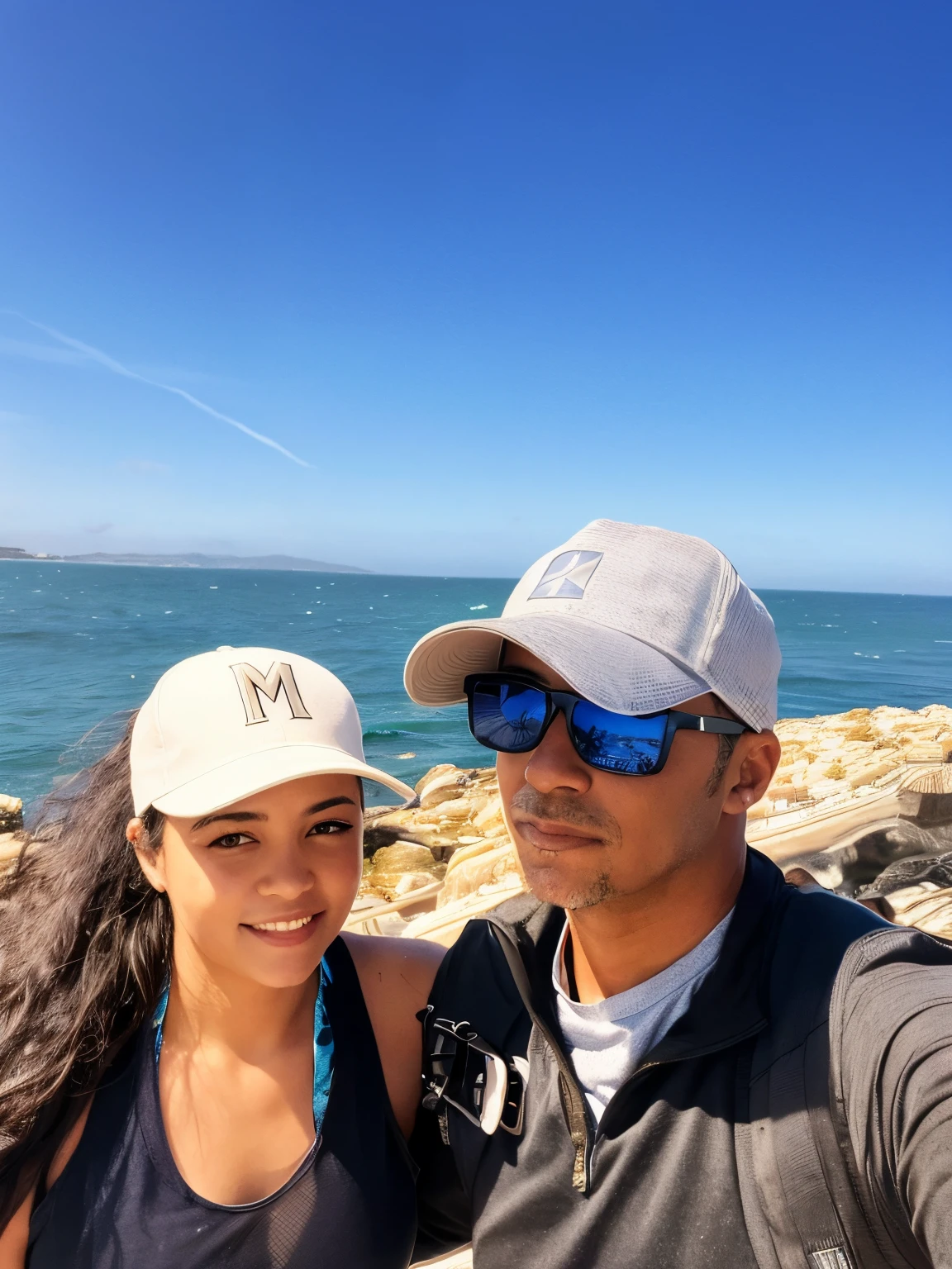 There's a man and a woman taking a selfie by the sea, O oceano ao fundo, oceano ao fundo, O mar ao fundo, vacation photo, tirado no iphone 14 pro, Costa como pano de fundo, no oceano, dia ensolarado, tirado no iphone 1 3 pro, em um penhasco, lindo dia ensolarado, no mar
