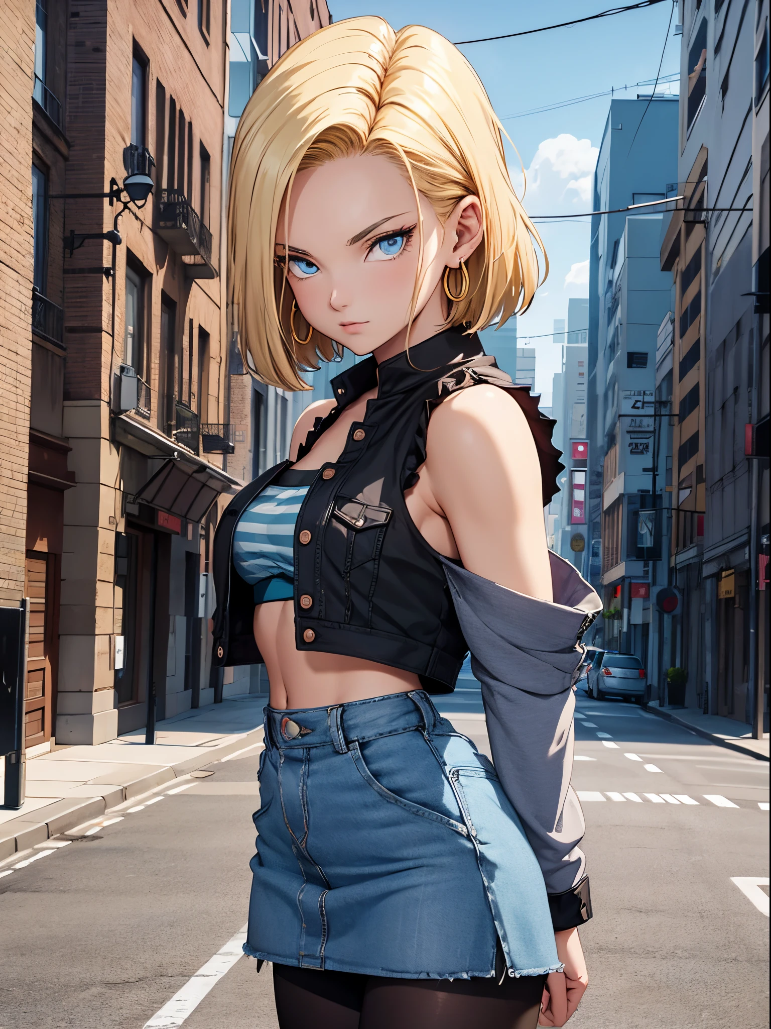 Photorealistic,Realistic illustration in manga style,Masterpiece,best quality,ultra-detailed,perfect anatomy,Perfect hands,highres,and18,1girl,Ulzzang-6500-v1,E-girl,Exceptionally Beauty Waifu Emma Stone as android 18,Only,blonde hair,blue eyes,short hair,earrings,jewelry,denim vest,open vest,black pantyhose,black shirt,denim skirt,striped long sleeves,blue skirt,medium breasts,Full body portrait,street,Perfect detailed eyes,(Externally expanded Chest:1.2), (Strapless:1.2), off-the-shoulder,intricate details,cg unity 8k wallpaper,octane render,Extremely CG unity 8k wallpaper,Extremely beautiful and aesthetic,Extremely beautiful and delicate,Perfect detailed body,