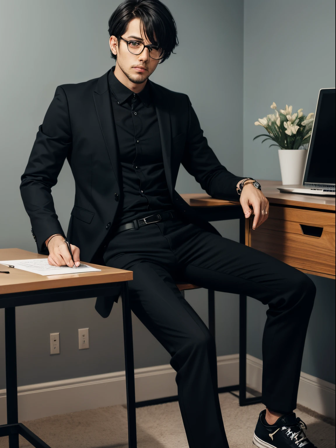 A man who writes horror stories, Short hair with bangs and black square glasses with a caramel blazer, camisa preta, black pants and black all-star sneakers on a gray home office background.