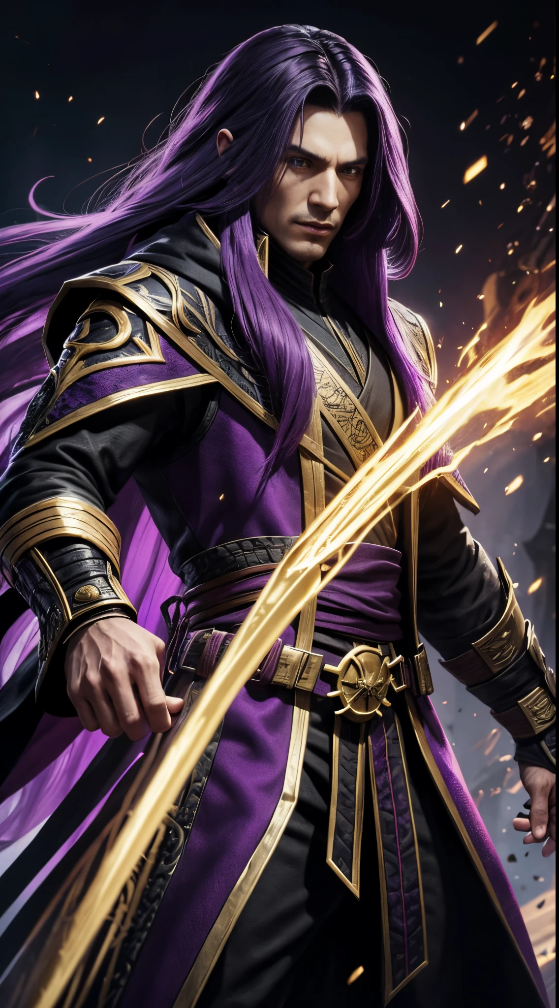 A wizard man with long purple hair wearing a black coat with gold details in mortal kombat 11 style