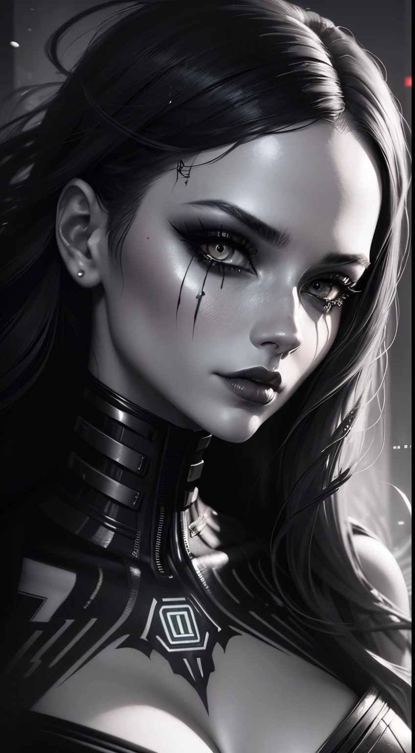 a digital painting of a woman with black and white makeup, cyberpunk art by Anna Dittmann, cgsociety, gothic art, dystopian art, detailed painting, behance hd, deep photography, Ilford HP5 film, crushed blacks, depth of field, dark photo, film grain, shadows, natural light