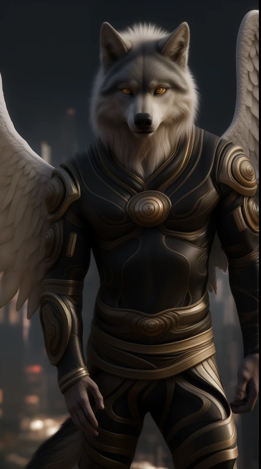 a realistic 8k image of a furry Male wolf half Cyberpunk and half cyborg beautiful angel wings open full body and a realistic background of a destroyed city places the character looking at the viewer with a normal expression on his face it looks like a Supreme Orochi version Golden eyes beautiful and mesmerizing poses character holding the viewer with a hand ultra realistic digital art in 3D full HD super high resolution
