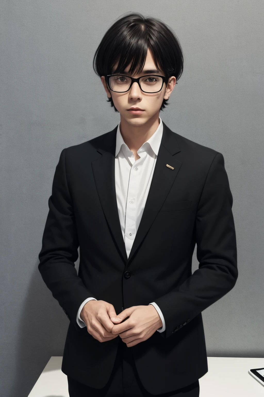 Man who writes horror stories, Short hair with bangs and black square glasses with gray blazer, camisa social preta, black pants and black and white all star sneakers on black home office background.