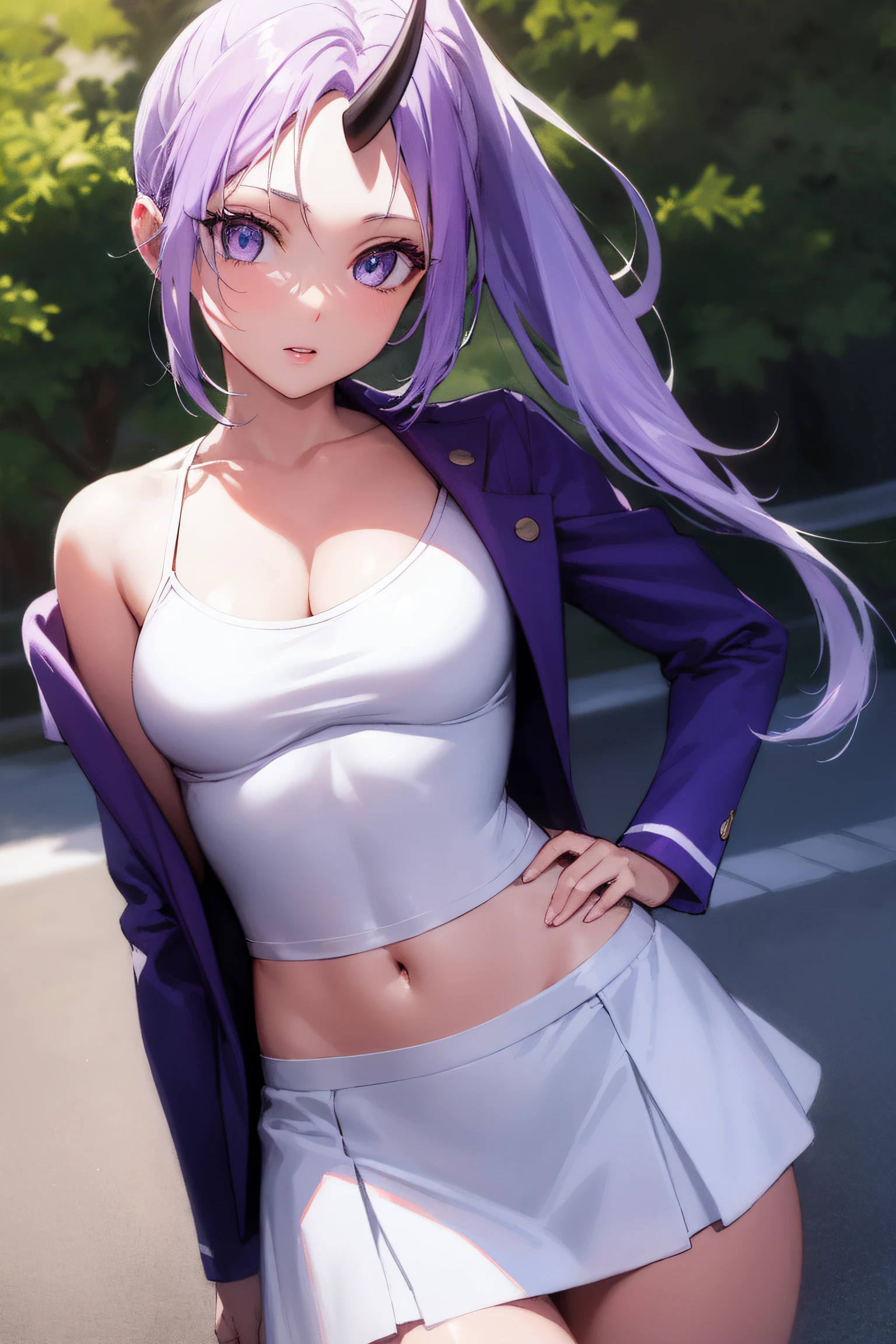 slimeshion, shion, black horns, hair intakes, horns, long hair, oni, oni girl, oni horn, oni horns, ponytail, (purple eyes:1.1), purple hair, single horn, (medium breast:1.2),
BREAK cleavage, polka dot, white camisole, white skirt, off shoulder, blue jacket, striped jacket, open clothes, long sleeves, sleeves past wrists, midriff,
BREAK looking at viewer,walking,pose, hand on hip
BREAK outdoors,
BREAK (masterpiece:1.2), best quality, high resolution, unity 8k wallpaper, (illustration:0.8), (beautiful detailed eyes:1.6), extremely detailed face, perfect lighting, extremely detailed CG, (perfect hands, perfect anatomy),