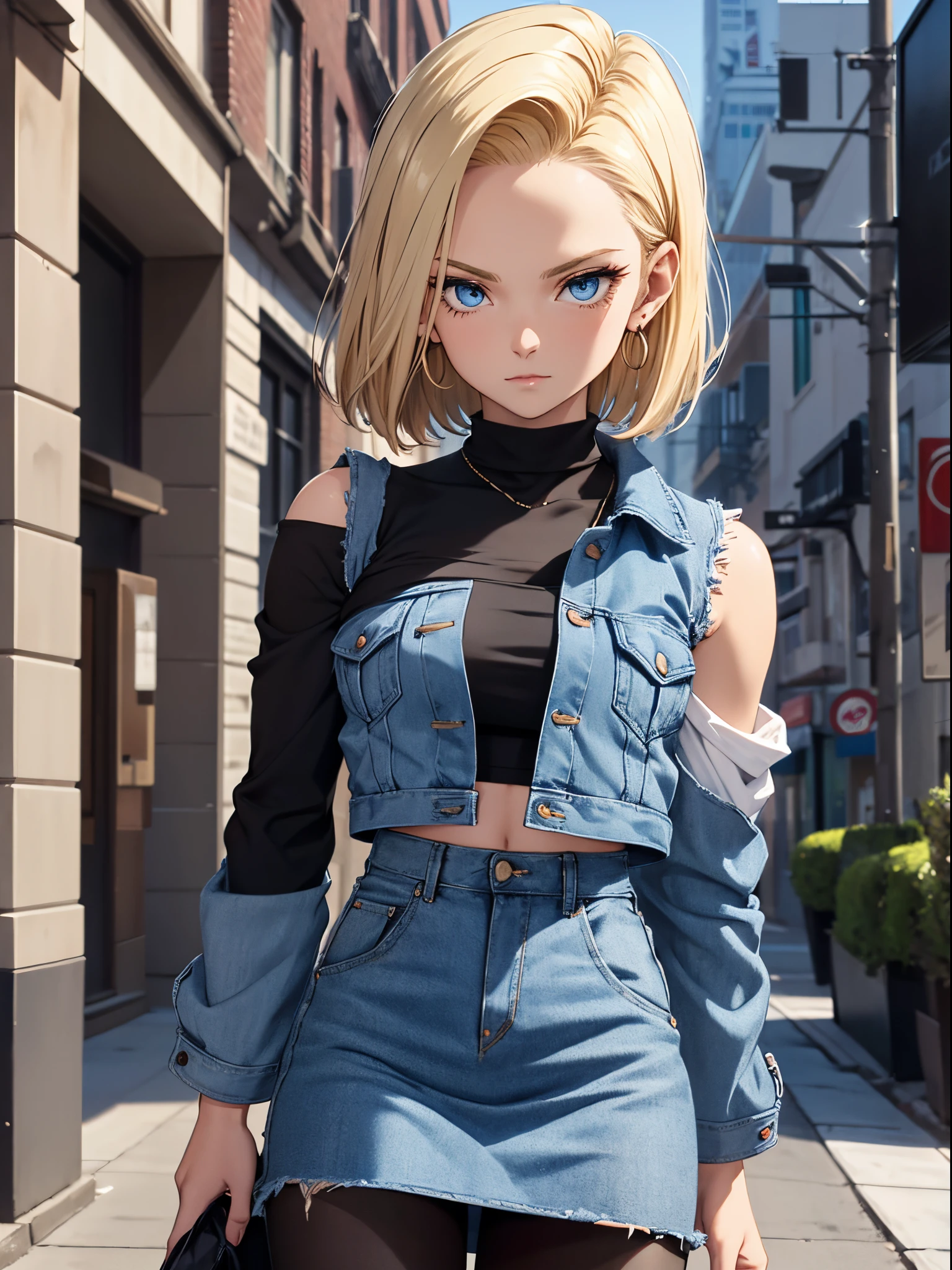 best quality, highres, and18, 1girl, android 18, solo, blonde hair, blue eyes, short hair, earrings, jewelry, denim vest, open vest, black pantyhose, black shirt, denim skirt, striped long sleeves, blue skirt, medium breasts, cowboy shot, street, (Externally expanded Chest:1.2), (Strapless:1.2), off-the-shoulder