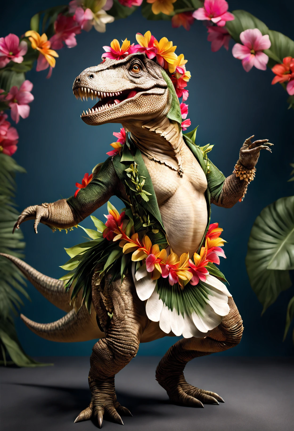 photorealistic portrait of Dressed animals - a t-rex hula dancer,(dancing), high quality,(lovely) intricate details highly detailed hula costume ,flower lay, studio lighting,(full body image:1.5)