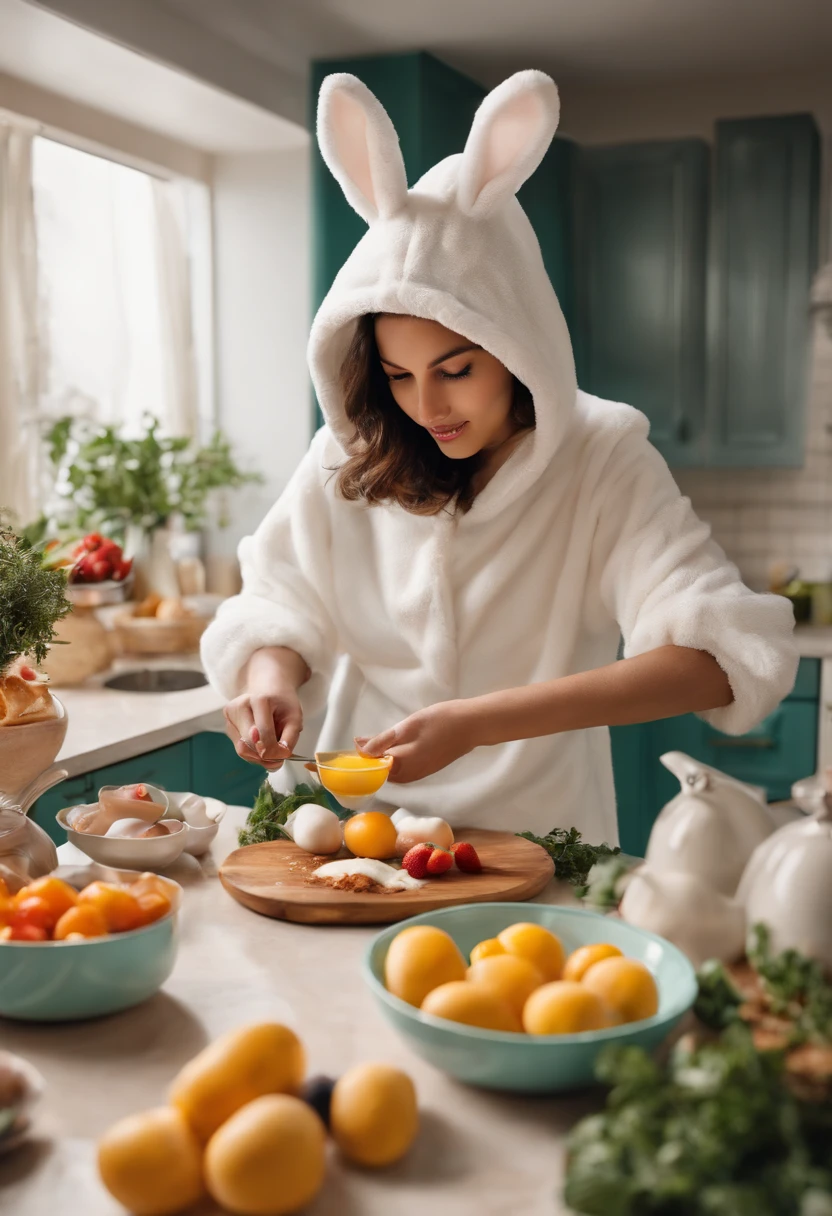 A picture of a person in a rabbit onesie, preparing a rabbit-themed breakfast spread,original,I love rabbit., female