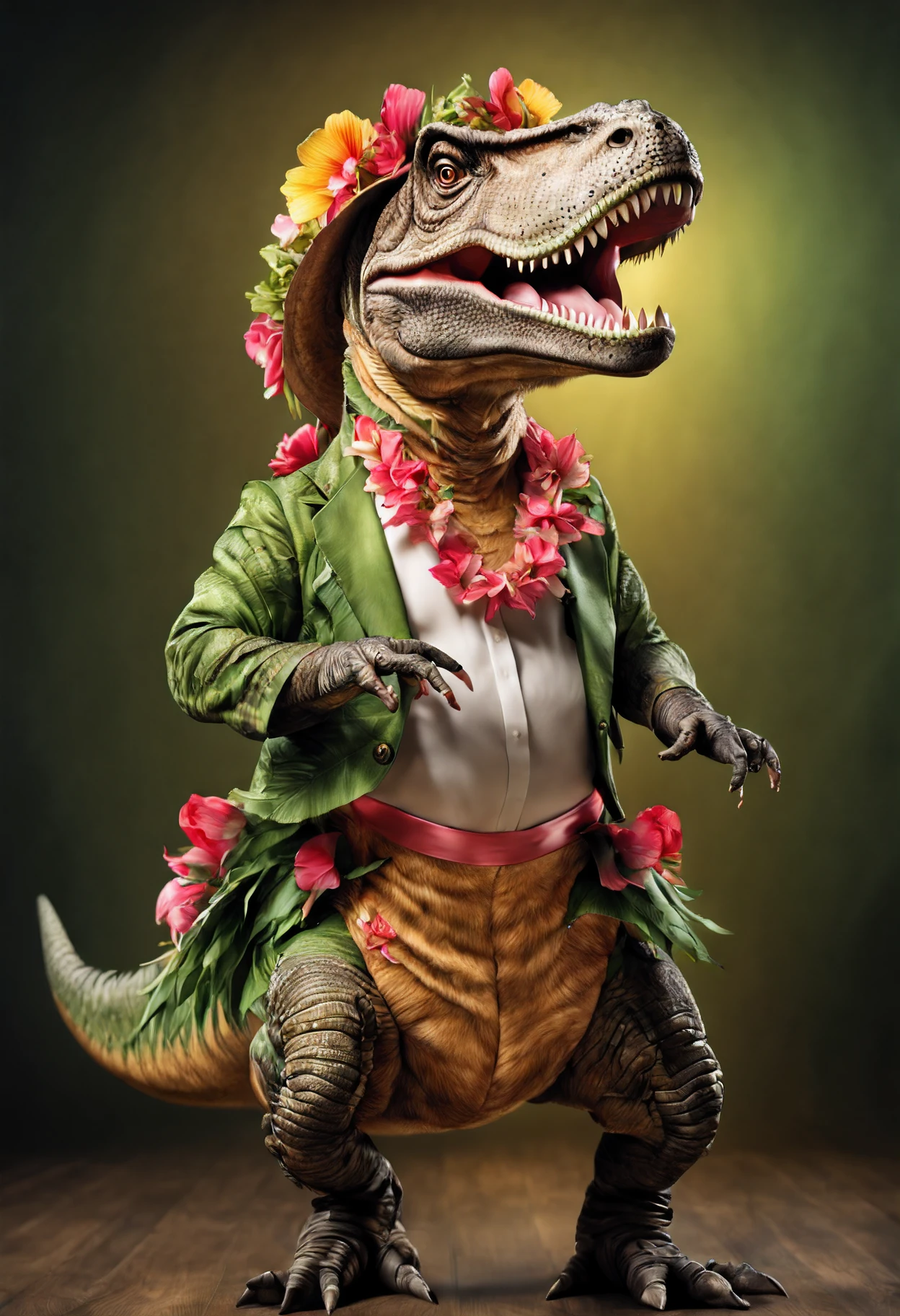 photorealistic portrait of Dressed animals - a t-rex hula dancer,(dancing), high quality,(lovely) intricate details highly detailed hula costume ,flower lay, studio lighting,(full body image:1.5)