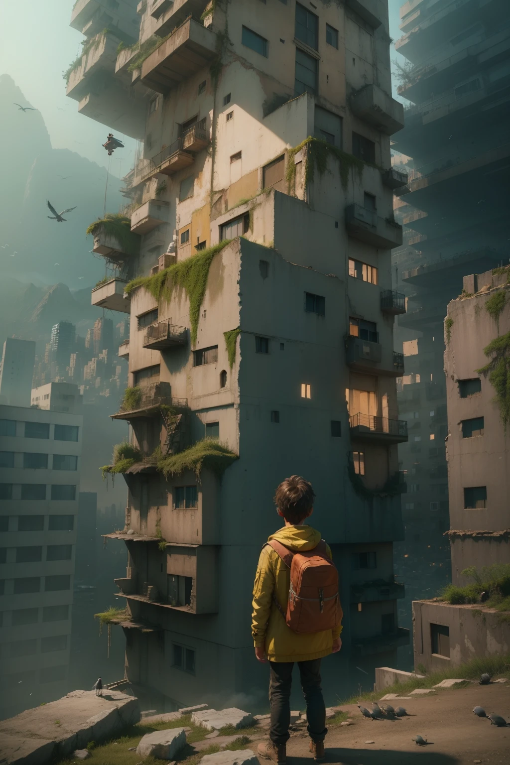There is a boy standing on the mountain looking at the tall buildings, Heterotopia digital art concept, Em uma paisagem Urbana Arruinada, Bipedrecu, 3d rendering beep sound, movie bee, In a post-apocalyptic city, cityscape in ruins, Fly with the birds,
