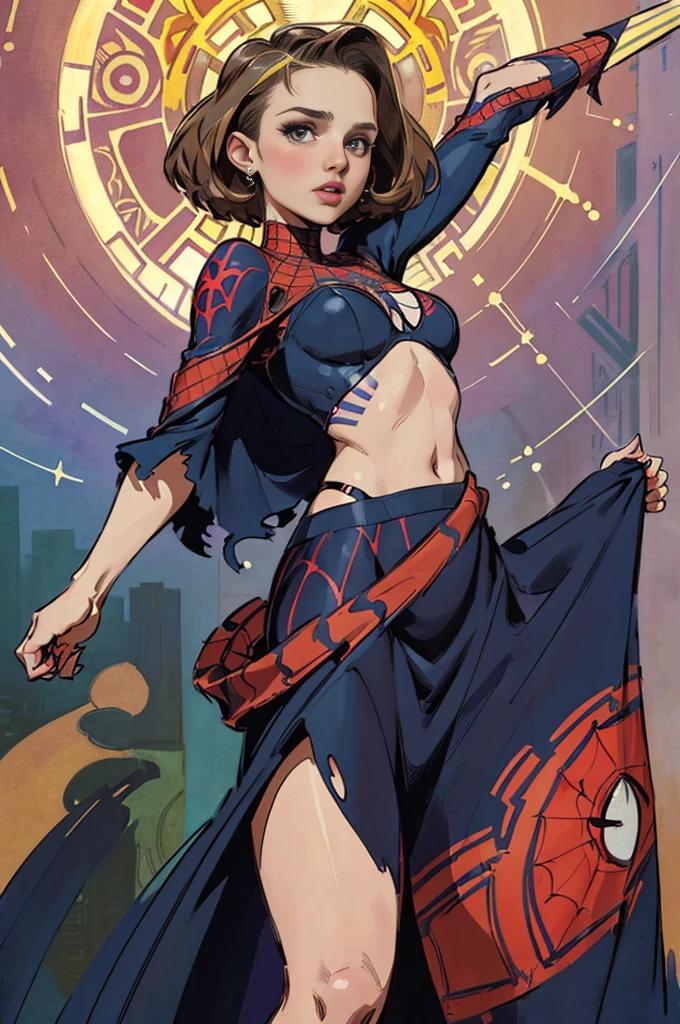 Natalie portman、Sticking out the navel、newyork、She wears a torn Spider-Man suit,wearing skirt、abstract photorealistic、artistic、Alphonse Mucha's painting(masterpiece、top-quality、hight resolution:1.4)、detaileds、intricate-detail、4K、color splashes、line-drawing、Fibonacci、