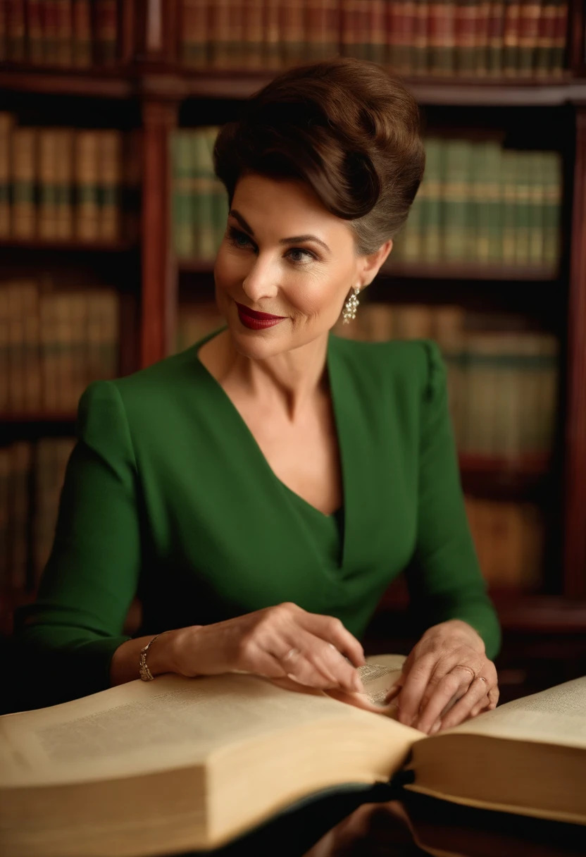 A close-up shot of Vivian creating an elaborate display of historical fiction novels, with a mischievous glint in her eye and a sly smile on her lips.,original,Vivian Hawthorne, the master librarian at the New York City Public Library, is a picture of elegance and intelligence. In her mid-fifties, she has sharp, observant eyes that miss nothing, framed by silver-streaked hair often pulled back in a sleek bun. Her attire is always classic and impeccable, befitting the grandeur of the library’s halls which she navigates with a poised grace., female