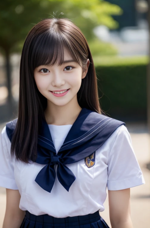 Close up of woman posing for photo, Japanese Models, Beautiful Asian Girl, 18-year-old female model, 4K、bangss、A dark-haired、bobhair、Middle hair、Straight hair、(white shirt, Sailor School Uniform, Dark blue pleated skirt:1.2), (Super cute face in idol style:1.2)、slim and beautiful figure、beutiful breast、A smile、