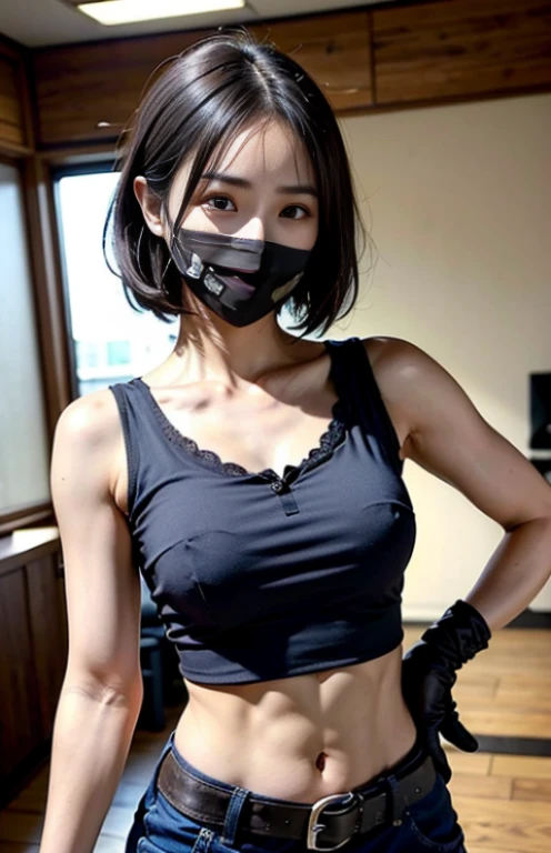 Saori Kamimae, Saori Joumae / Saori Joumae / Joumae sa, Blue eyes, Blue hair, Halo, Long hair, Mask, Mouth mask,
Breaking bare arms, Bare shoulders, Belt bag, black headwear, Black pants, Black shirt, Blue Gloves, croptop, gloves, leggins, Midriff, Navel, Pants, Shirt, Sleeveless, Sleeveless shirt,
BREAK looking at viewer,
Break indoors,
BREAK (masutepiece:1.2), Best Quality, High resolution, Unity 8k壁纸, (Illustration:0.8), (Beautiful detailed eyes:1.6), extra detailed face, Perfect Lighting, extremely details CG, (Perfect hands, Perfect Anatomy),