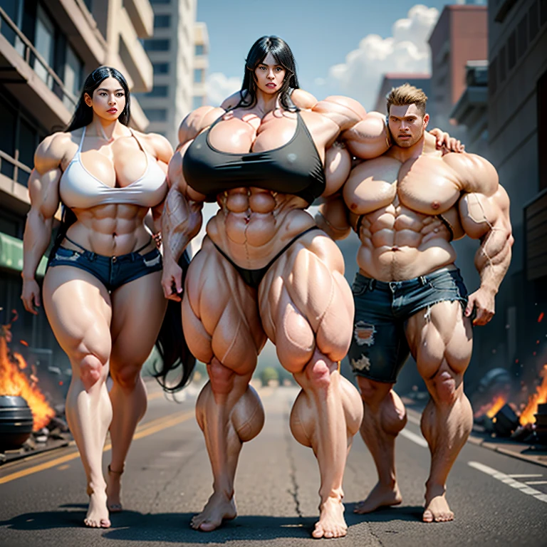 A HD 4K Photo of a huge, enormous, very big, buff, giant, Asian, female bodybuilder, muscle goddess, with long black hair, huge arms and huge legs, naked big boobs, flexing her enormous, giant muscles, big beautiful eyes, walking barefoot down a destroyed, cracked highway full of destroyed burning cars, wearing ripped jean shorts, holding a rifle, photorealistic