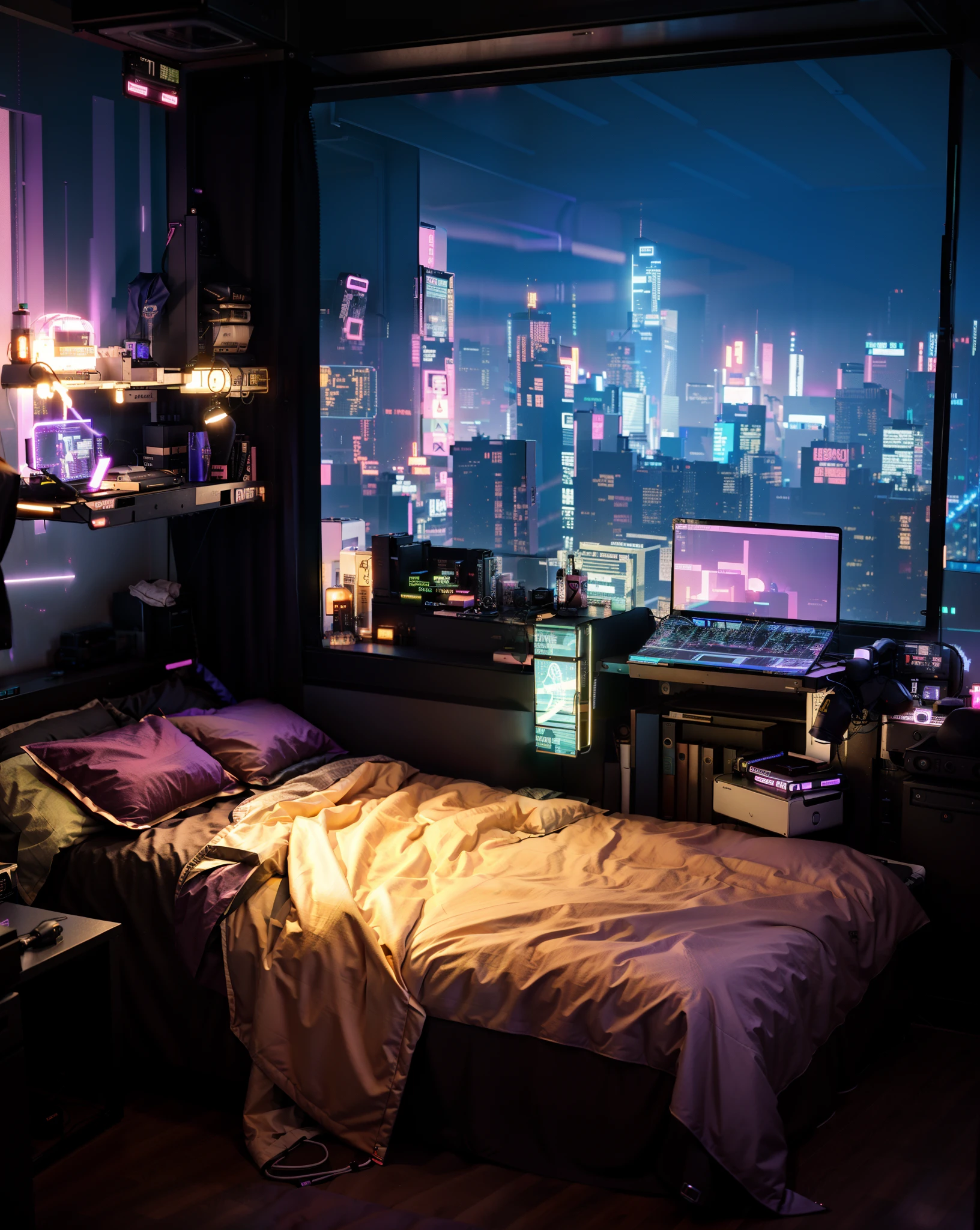 Bedroom with bed and desk with laptop, Cyberpunk teen room, cyberpunk atmosphere, Cyberpunk room at night, cyber punk setting, in a cyberpunk themed room, cyberpunk aesthetics, Aesthetic cyberpunk, O Cyberpunk Apartment, cyberpunk dreamscape, cyberpunk atmosphere, Quad open baby cyberpunk, cyberpunk apartment, in cyberpunk aesthetic, cyberpunk atmosphere, Aesthetic cyberpunk, cyberpunk artstyle