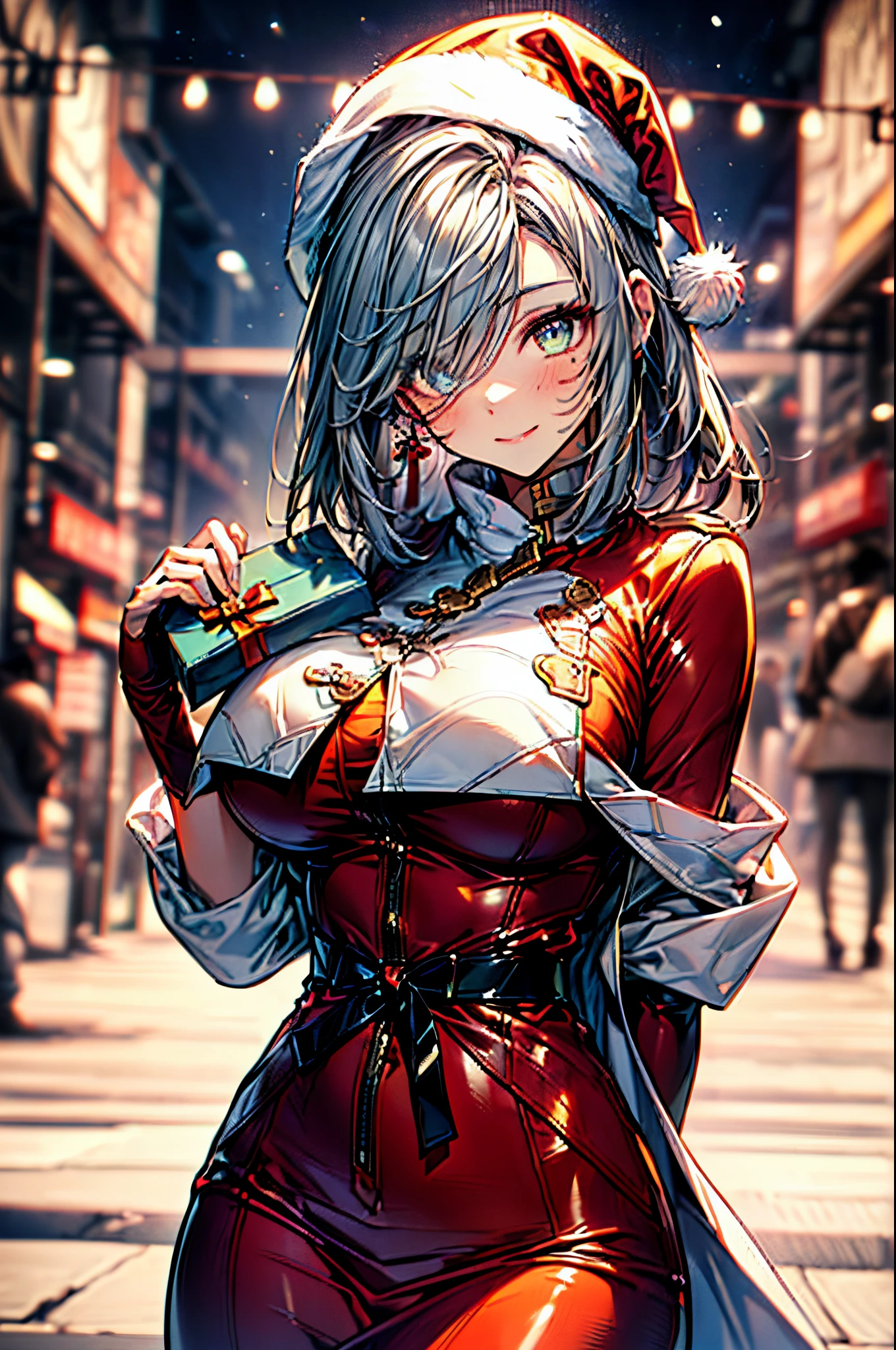 (Conceptual image board:1.3), ((matured girl wearing Sexy Santa clause costume with far:1.3, red dress with green, holding a present box in both hands to give viewers:1.2, close to viewers:1.2)), a matured woman with long black hair and a red outfit, red winter coat with bore, scarfs, green ribbon tie, knee length long boots, red and green winter outfits, holding present box with wrapping by ribbon:1.5, Christmas tree decorated with many ornaments:1.2, white bags on a sled, wearing red pencil skirt, Arabic, bodyesbian, fine details, beautiful anime illustration, 28 years old, (milf:1.3), (solo:1.5), (sfw:1.25), (sagging breast, fuge breasts, big tits, thin waist, big ass:1.2), Raised sexy, (dark mahogany medium short hair, updo, hair over one eye, asymmetric hair, Carly hair, low tied braids), (musulman, white Headscarfs, hair bands, head vandage, Turban), (ultra high resolution, 8K RAW photo, photo realistics, thin outline:1.3, clear focus), best qualtiy, cinematic lighting, textile shading, blurry back ground, field of depth, bokeh, (Bright pupils, fine detailed beautiful eyes with highlight:1.3, super detailed eyes, high detailed face), Red lip, fine realistic skins:1.1, looking at viewers:1.3, (dynamic angle:1.3, full body:1.3, front view:1.1, tigh focus:1.3, from below:1.2), (dynamic posing:1.5, sexy posing:1.2, sitting with holding knees:1.3, leaning forward:1.2), (seductive, shy happy smile:1.4), centered image, (wearing red long coat with bore and clothes, ((bare breast:1.37)), gold ornaments, rolling red clothes around waist, dark red long leather boots:1.3, translucent white lace pantyhose), (((correct anatomy:1.5, perfect hands:1.5, ideal ratio body proportions:1.37))), (in a night:1.3), (in snow field:1.3, under starly sky),