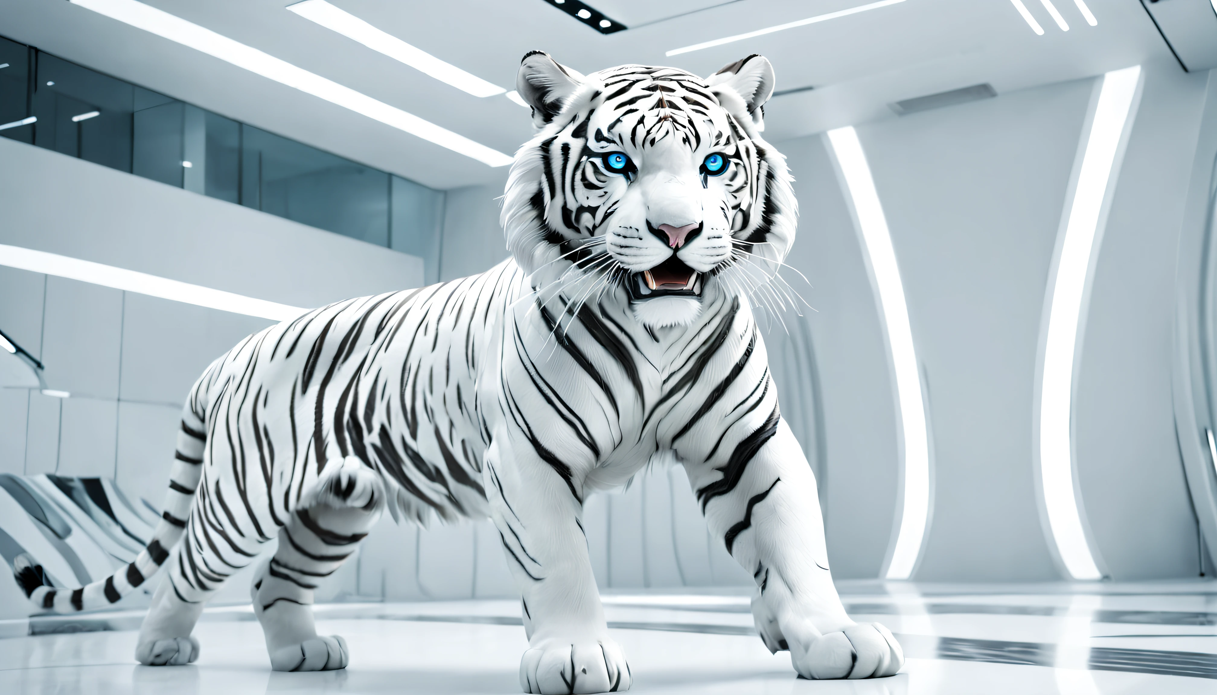 (Best quality at best,4K,Super quality,very refined,super complex,tmasterpiece),(( A white tiger)),(Correct anatomy),Clear facial features,White futuristic style interior design space,Sense of speed