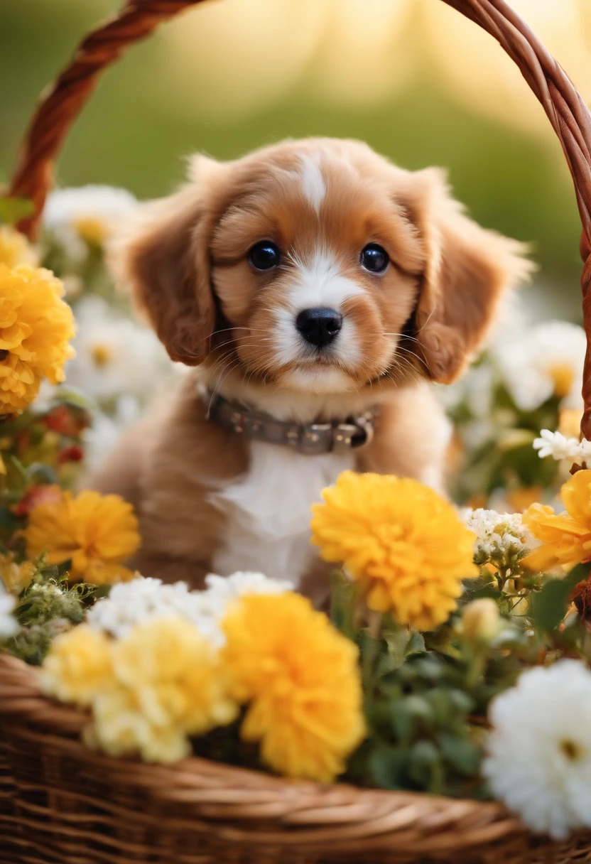 The image is of a very puppy wearing a cute outfit and sitting in a basket filled with freshly picked flowers.,original,Small, curly, pretty, lovely, female